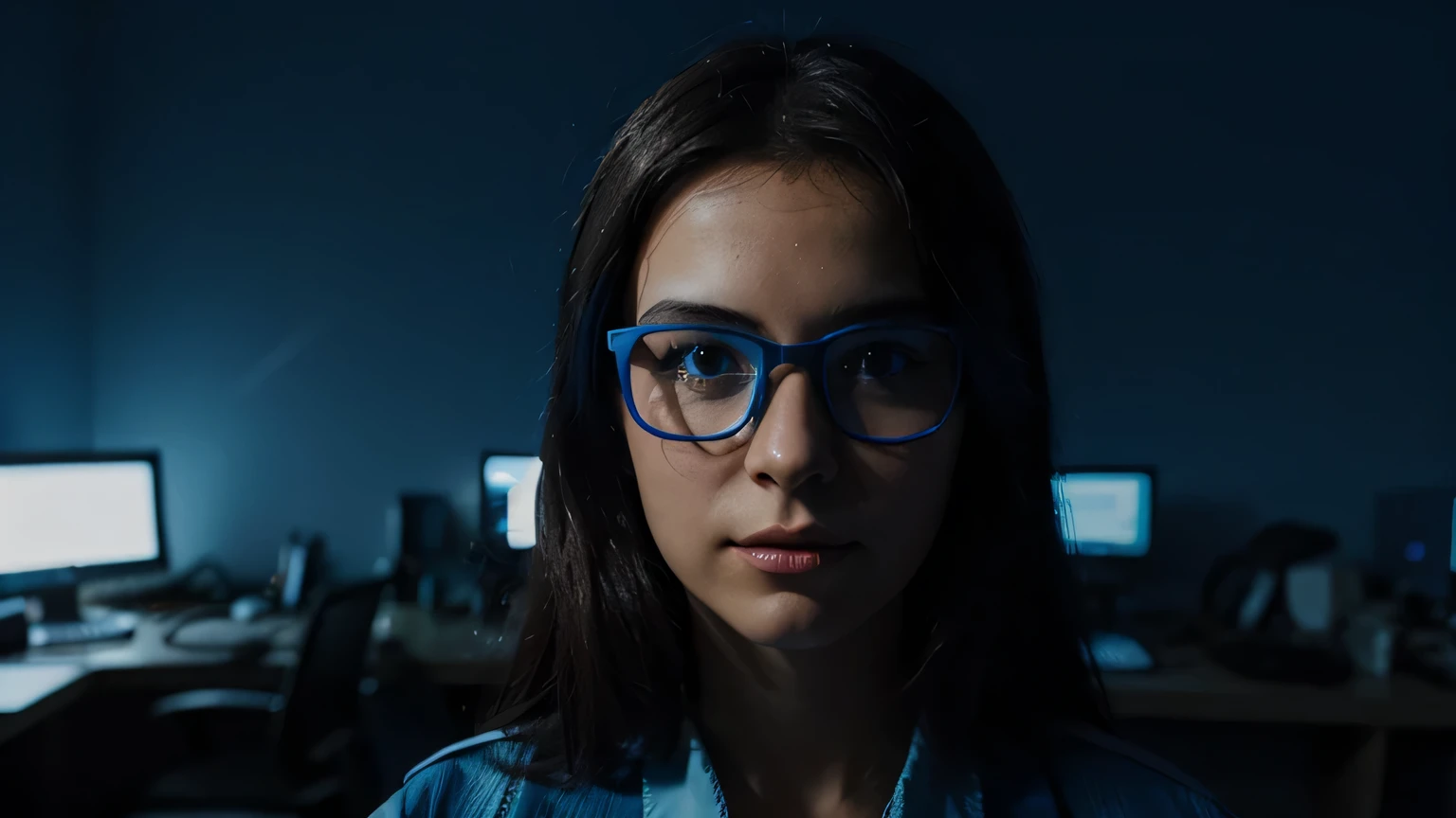 Illustration of glasses with blue light filter to emphasize protection against blue light emitted by electronic devices.