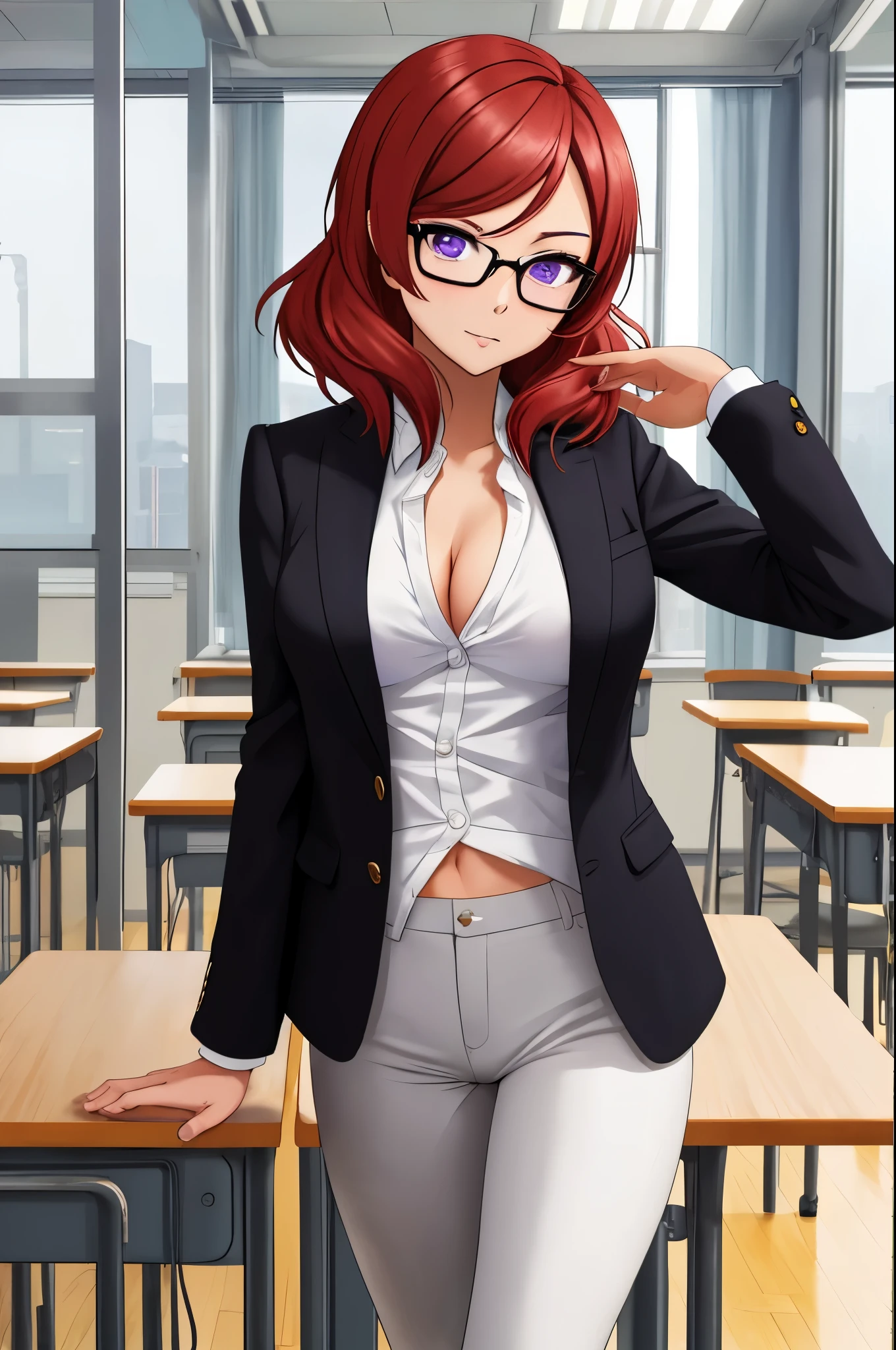 masterpiece, best quality,solo, adult woman,nishikino maki, purple eyes, breasts, looking at viewer , black suit jacket with white shirt, black pants , glasses,in class, standing 