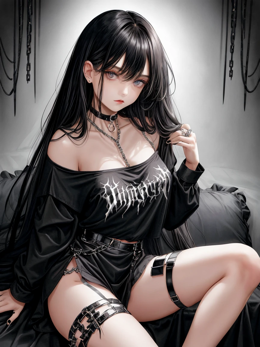 masterpiece, best quality, 1girl, long hair, black hair, straight bangs, grey eyes, medium breasts, choker, oversized shirt, black shirt, (print on shirt:1.2), black metal print,  bare legs, rings, chains, thigh strap