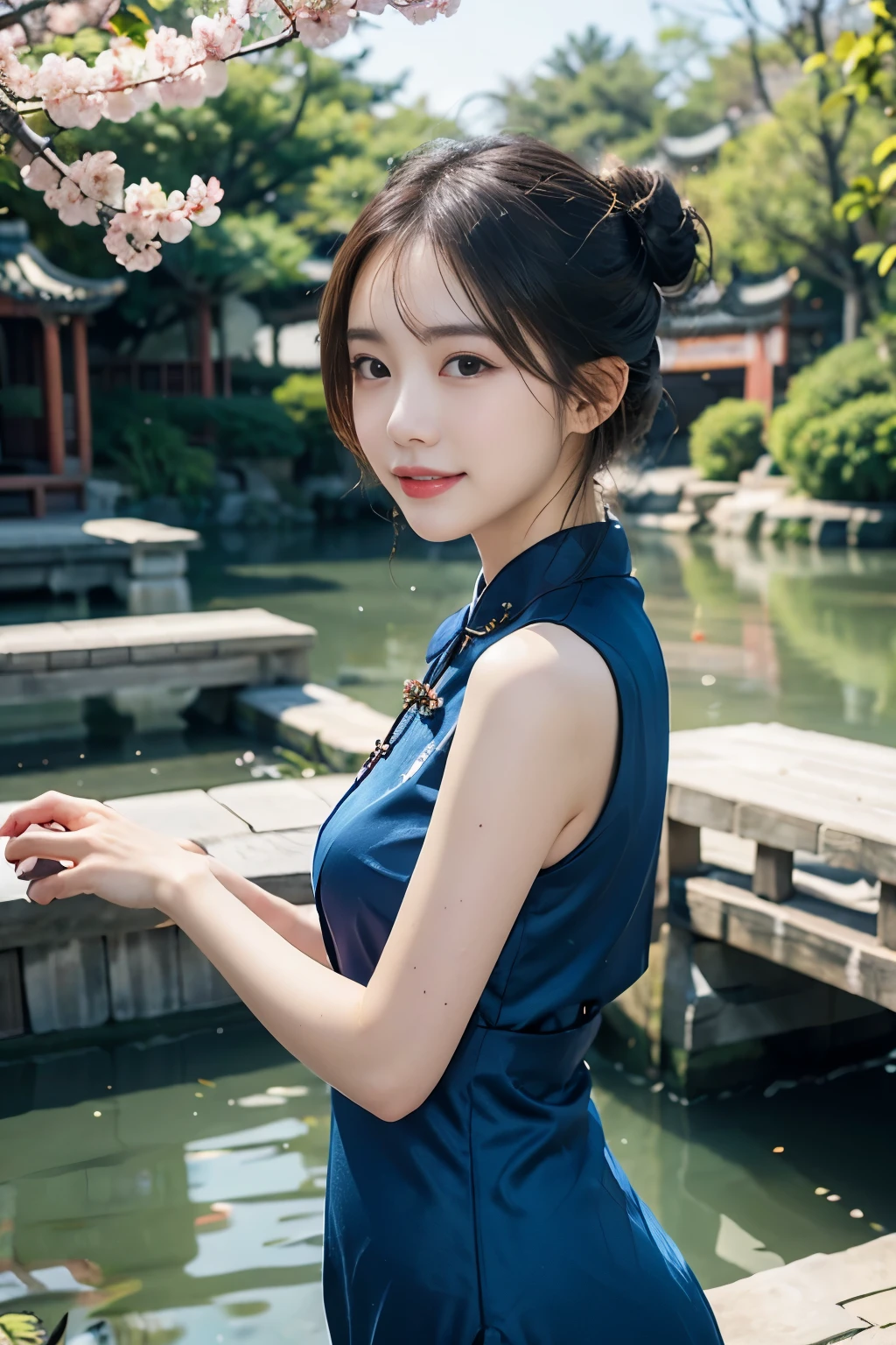  (8K, RAW photo, highest quality, masterpiece:1.3), (realistic, photo-realistic:1.4), (Highly detailed 8K wallpaper), sharp focus, Depth of written boundary, (double bun:1.2), japanese idol,very cute,() , Look at us and smile, Upper body, highly detailed face and eyes,((shiny skin:1.2)), cinematic lighting, soft light,( cheongsam:1.2), blur background, Bokeh,(A classic Chinese garden in full cherry blossom, with a serene view featuring a pond and a small bridge)