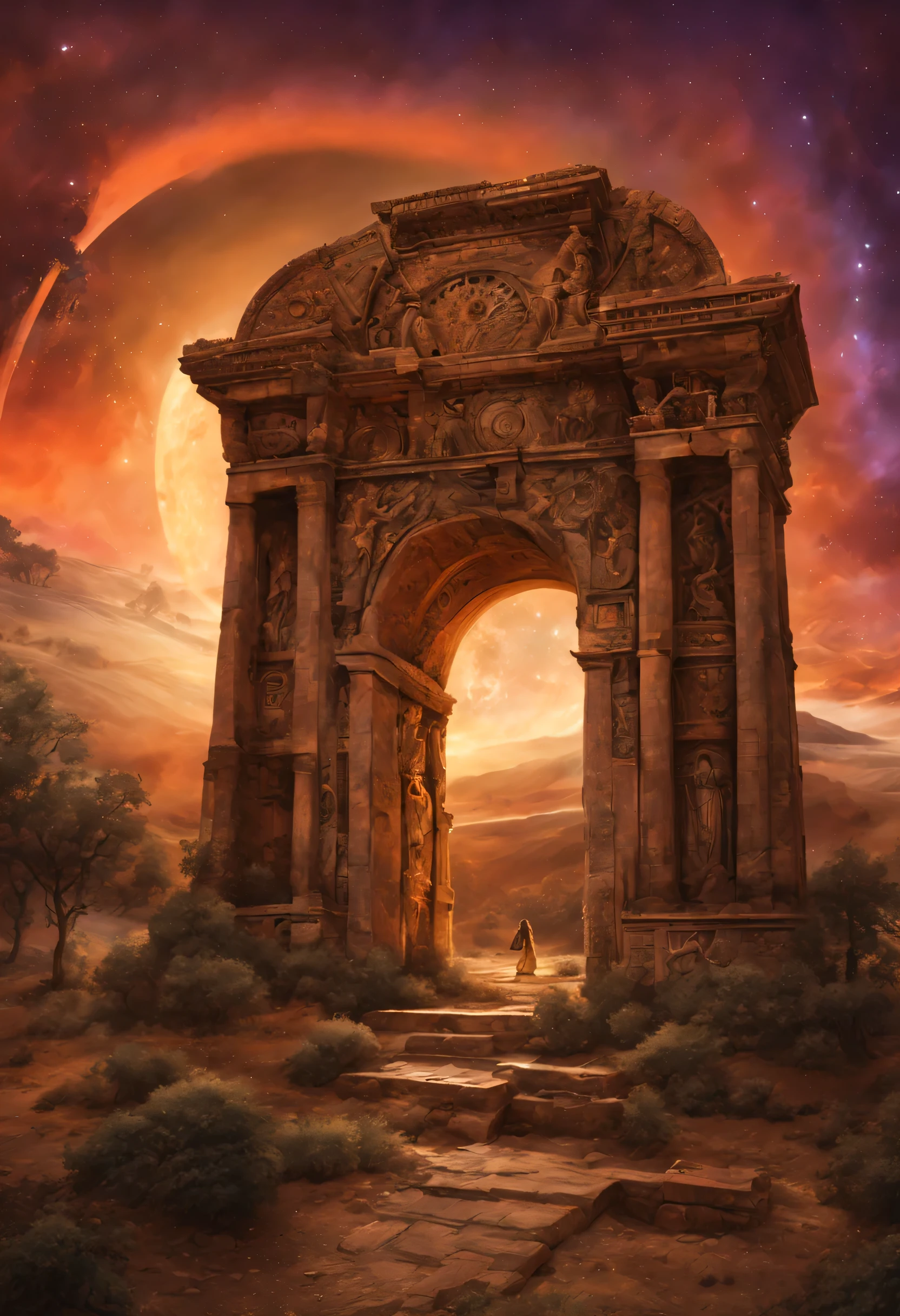 
In the heart of an ancient, desert landscape lies a scene that bridges the realms of forgotten pasts and distant futures, titled "Forgotten Gateway of Time and Space". At the center of the frame stands a dusty Stargate, an artifact of incomprehensible technology and ancient design, its circular form etched with symbols and glyphs that glow with an otherworldly light. The gate stands as a silent sentinel in the midst of time, surrounded by the remnants of a civilization that once mastered the secrets of the cosmos.

Beside the Stargate, a dialing device commands attention, its surface alive with the light of activated chevrons. This device, with its intricate design and ancient symbols, serves as the key to unlocking the Stargate's mysteries. The chevrons, illuminated against the backdrop of the desert's twilight, cast a haunting glow on the sands and ruins that surround it, hinting at the power and knowledge lost to time.

As the final chevron locks into place, the Stargate awakens from its slumber. A vortex of energy bursts forth, settling into a shimmering wormhole that stands as a liquid window to another time and place. This wormhole, almost alive in its motion, shimmers with colors that dance and play across its surface, an aurora of cosmic energy that pulses with the heartbeat of the universe. The air around the Stargate vibrates with the power of the activated portal, the hum of ancient machinery mingling with the whispers of the desert wind.

The scene is one of profound mystery and wonder, capturing a moment when the ancient and the infinite intersect. The activated Stargate, with its pulsing wormhole, serves as a reminder of the boundless possibilities that lie beyond our understanding, inviting the viewer to imagine the destinations that await on the other side of this cosmic gateway. The combination of the dust-covered Stargate, the glowing dialing device, and the mesmerizing wormhole creates an image that is not only epic in its scale but also intimate