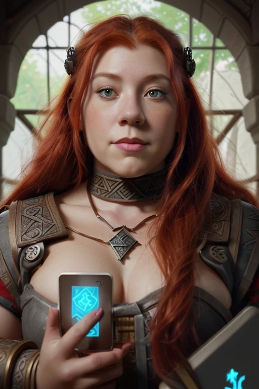 High quality, ipad style, Beautiful female dwarf with red hair on the iPad screen, concept art with runes, perfect anatomy, with ancient runes lore and magical tales, hand-drawn sketches, by yukisakura, high details,