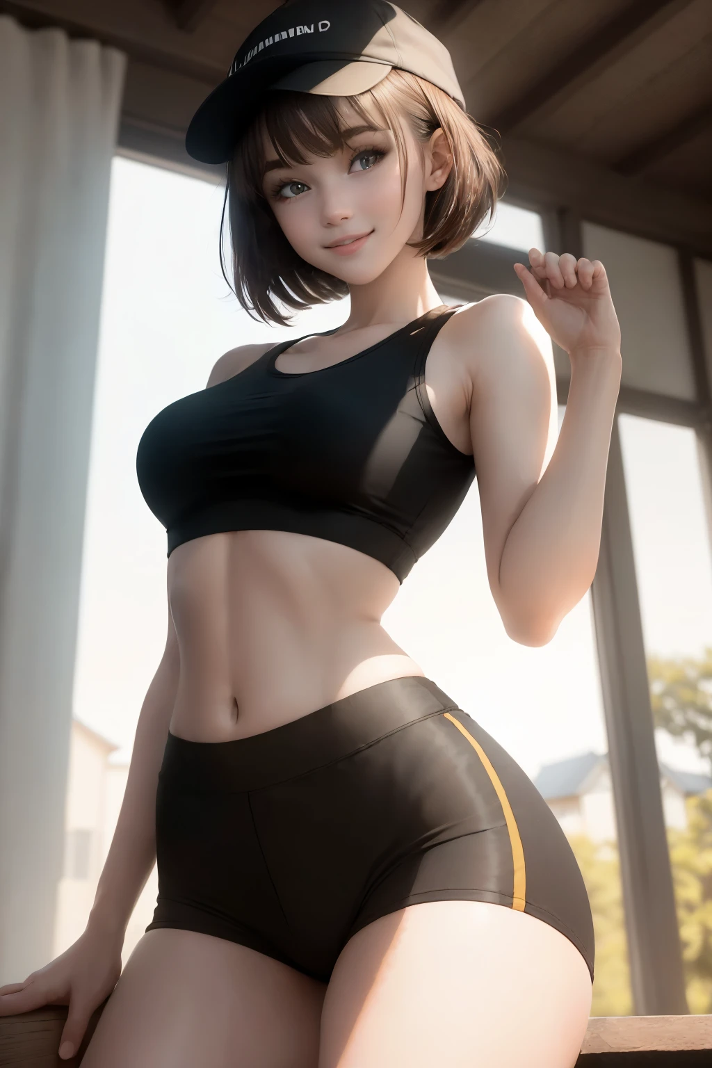 masterpiece, best quality, hyperrealistic, cinematic photo,  woman, pale skin, japanese amazing slim body, black cap, black sport top, thight yoga pants, pantyline, short brown hair, large legs, perfect hands, beautiful face, perfect face, youthful, grinning, winking, (blured background), modern style, from below, (low-angle shoot), underbutt shot, standing,low_angle_human, (view viewer), looking at viewer, (8k, epic composition, photorealistic, sharp focus), sophisticated background, house background, DSLR, foil grain, backlight