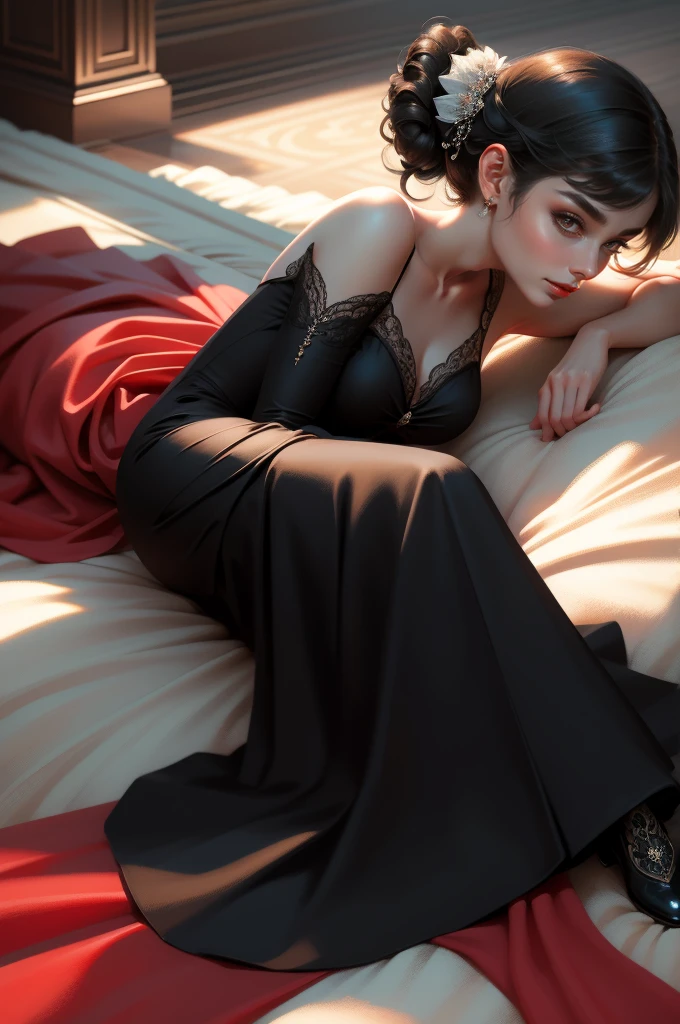 (Masterpiece - Ultra-Detailed, High Resolution) Prepare to be enchanted by a true masterpiece that combines ultra-detailed art with high-resolution rendering. This work shows a mesmerizing woman, with short, black hair, 1928s style, Audrey Hepburn (1.3) and captivating dark brown eyes (1.2), New York illustration style, wearing red lipstick, emanating an aura of elegance and mystery. Wearing classic victorian dress 1928s clothing. Intricate details and realistic textures invite you to explore every aspect of this enchanting composition. Black dress. reading, writing, walking, backwards, lying down, standing, dynamic poses, mouth closed. Different posture , dynamic poses, mouth closed. Different posture, with chin resting on shoulder. Perfect fingers. Get ready to dive into a world where beauty and craftsmanship merge perfectly.
