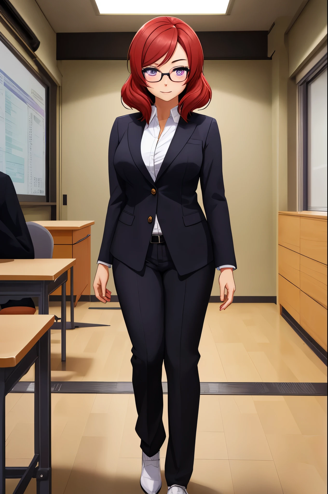 masterpiece, best quality,solo, adult woman,nishikino maki, purple eyes, breasts, looking at viewer , black suit jacket with white shirt, black pants , glasses,in class, standing