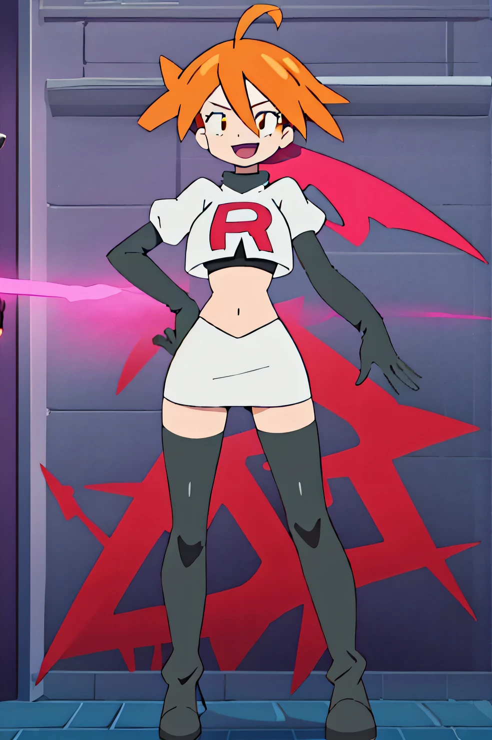 (1girl in:1.2), (Solo:1.2) , Brilliant Textured Work, top-quality, , , , 10 year old, black crop top tee, orange layered skirt, black spiky boots, black spiky wristbands, spiky choker, (orange hair:1.1), short hair, wavy hair, (violet eyes:1.1), shiny hair, evil smile, standing, contrapposto, hand on hip, Evil Female Executive, villainess, Evil Fall, darkness, Downtown at night, Concrete roads, large breasts, (empty eyes:1.5), (Forcibly fitted gem:1.2), corrupted gem , eyeball gem, (cracked gem:1.2), curse seal, (parasite eroded gem:1.1), Heart-shaped tattoo on the lower abdomen, eroded, bat wings, open mouth, large fang, full moon, red moon, huge ahoge,masterpiece, best quality, highres,team rocket uniform, red letter r, white skirt, white crop top, black thigh-high boots, black elbow gloves, glaring angrily, looking at viewer, hands on hips, full body seen, zettai ryouiki