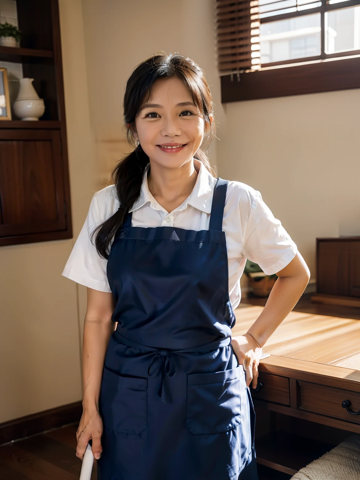 (50-year-old middle-aged filipino woman)Mopping with a mop,Housewear, maid uniform, aprons,in living room,desks,sofe,sface focus,looks into camera, smiling