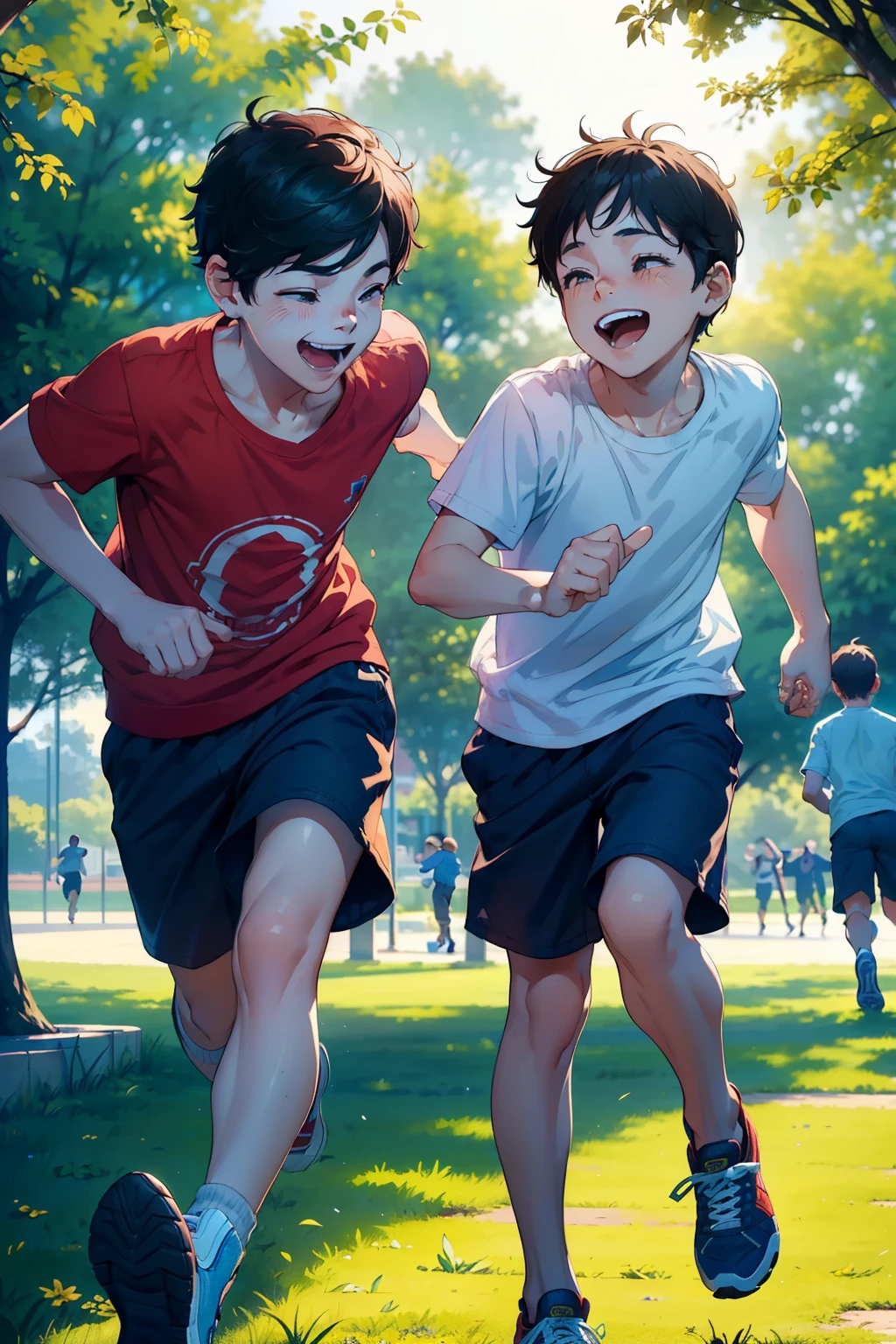 Boys playing in the park, laughing and having a great time: 1.2
(Two boys: 1.5), (Childlike energy: 1.3), (Joyful expressions: 1.4), (Casual clothing: 1.2), (Short pants: 1.3), (Running shoes: 1.2), (Sunshine: 1.2), (Slim but strong build: 1.3), (Laughing openly: 1.3), (Silly, playful: 1.2), (Colors pop: 1.2), (Relatable: 1.2), (In the moment: 1.3), (