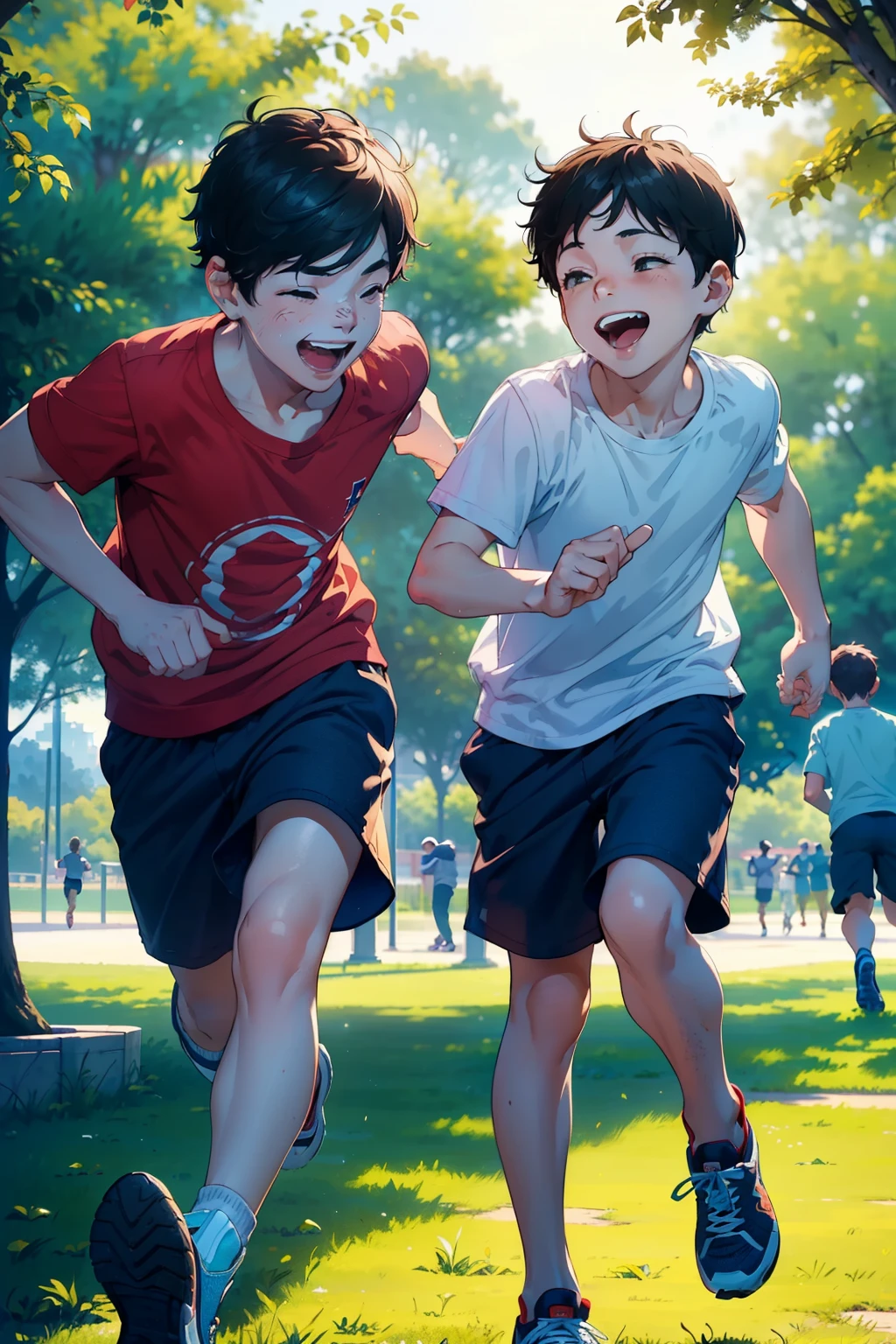 Boys playing in the park, laughing and having a great time: 1.2
(Two boys: 1.5), (Childlike energy: 1.3), (Joyful expressions: 1.4), (Casual clothing: 1.2), (Short pants: 1.3), (Running shoes: 1.2), (Sunshine: 1.2), (Slim but strong build: 1.3), (Laughing openly: 1.3), (Silly, playful: 1.2), (Colors pop: 1.2), (Relatable: 1.2), (In the moment: 1.3), (