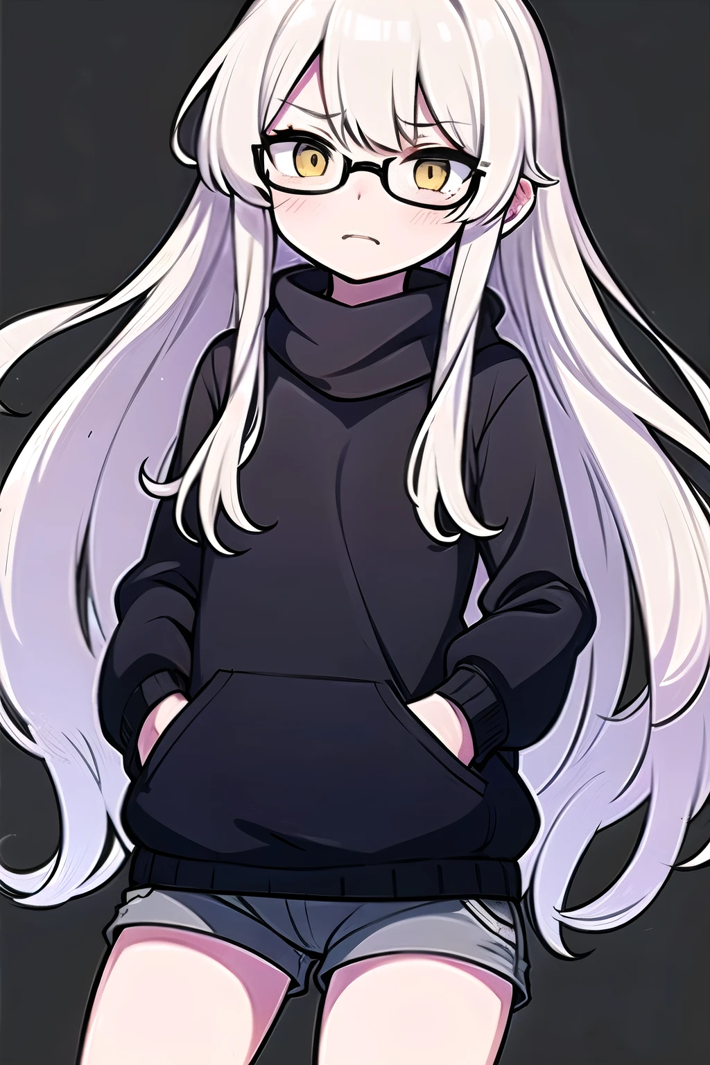 A young woman with long white hair, dark glasses and a black sweater with yellow triangles in the middle of her eyes. Wear white shorts. His hands are in his pockets. A disgusted expression wearing a black scarf