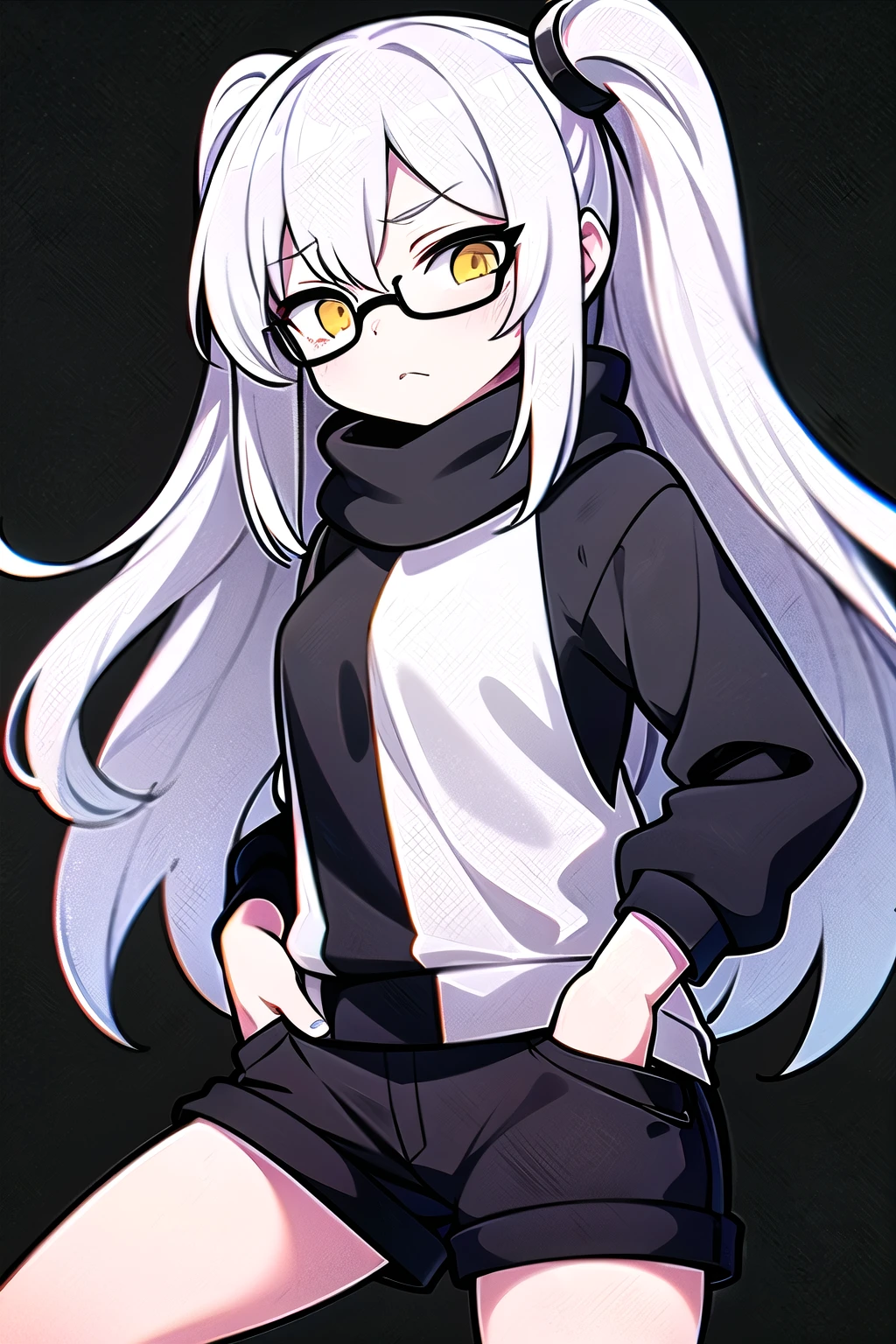 A young woman with long white hair, dark glasses and a black sweater with yellow triangles in the middle of her eyes. Wear white shorts. His hands are in his pockets. A disgusted expression wearing a black scarf