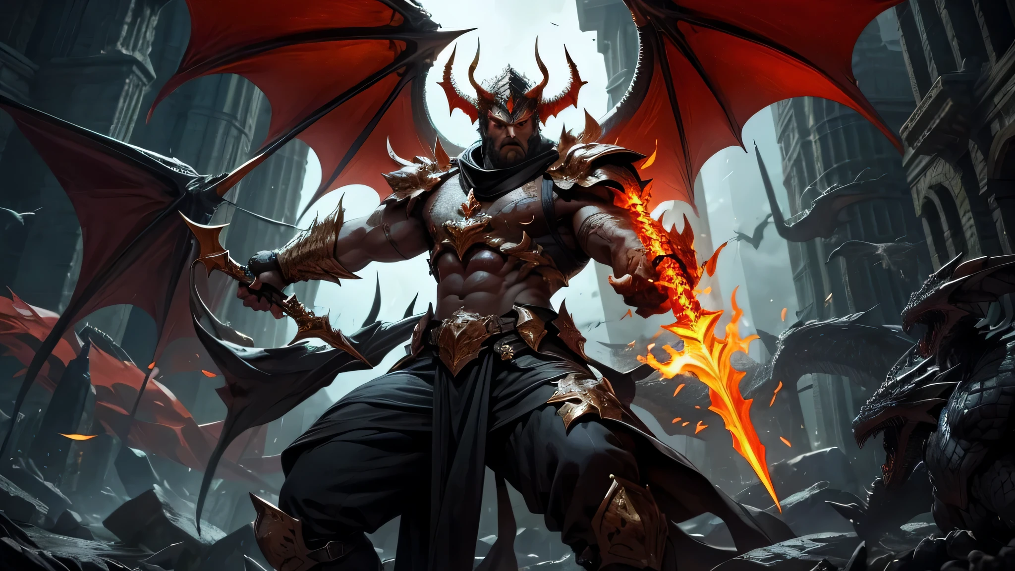 humain, homme robuste, couvert d'écailles de dragon. Il a des ailes imposantes, cornes de dragon et yeux flamboyants. Il brandit une lance de feu. Avec des dragons en arrière-plan. dans un style League of Legends.