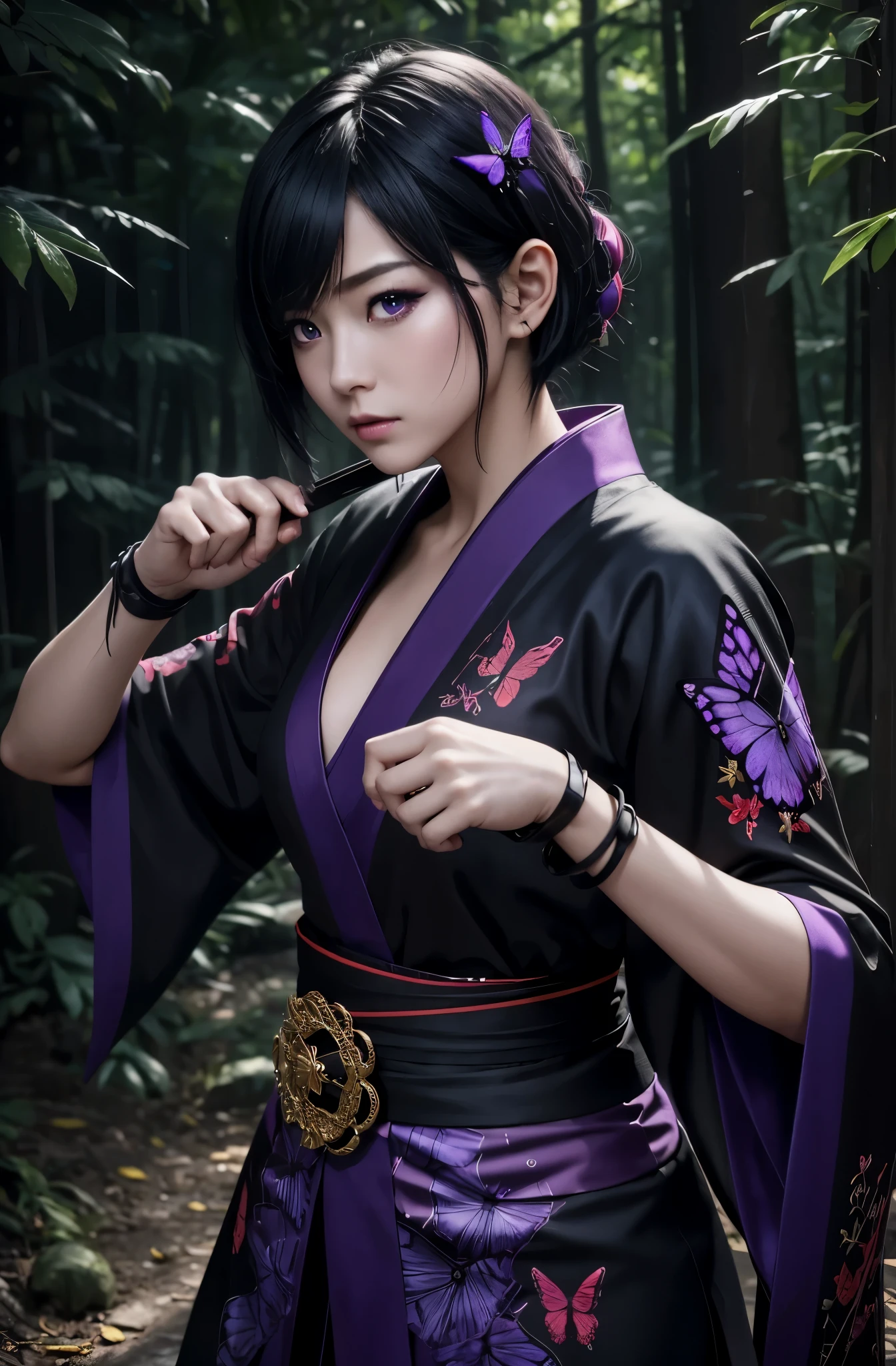 8K,purple and black butterfly hair ornament,ultra high resolution,Super realistic,