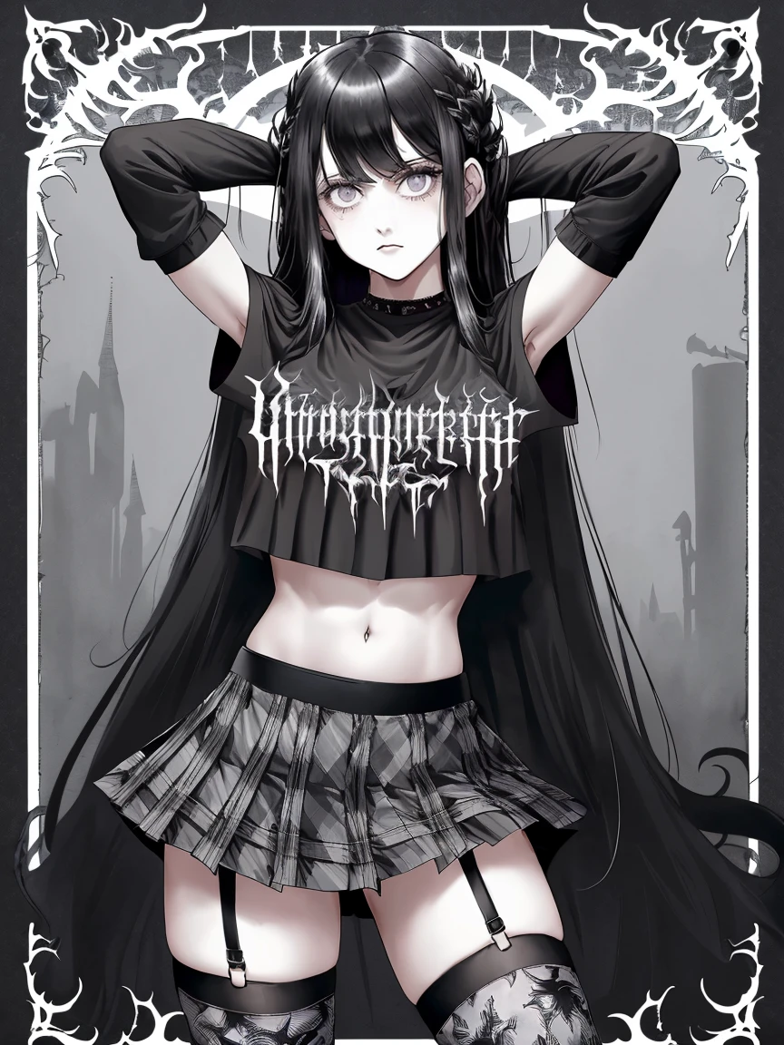 masterpiece, best quality, 1girl, smug, smile, long hair, black hair, straight bangs, grey eyes, medium breasts, choker, oversized shirt, black shirt, (print on shirt:1.2), (black metal print:1.4), bare legs, rings, chains, thigh strap