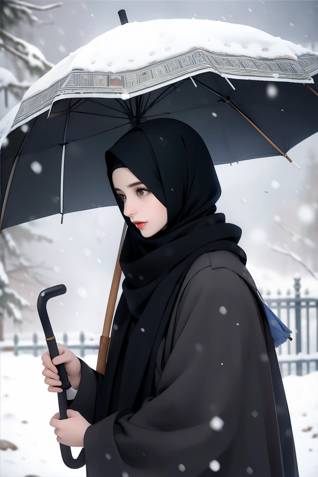Iranian hijabi girl with full chador and umbrella under heavy snow