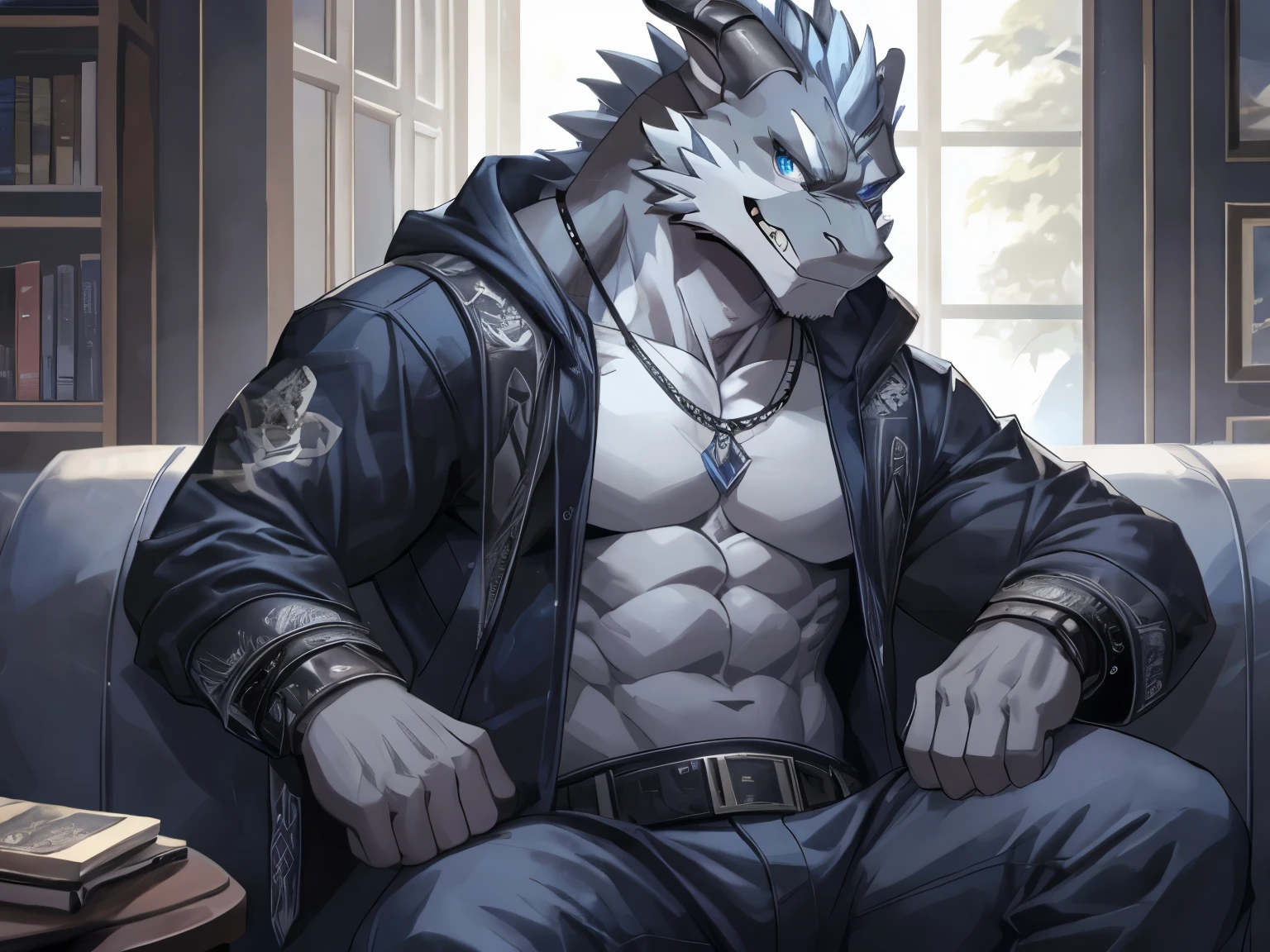 Masterpiece,Cool Pose, Furry Gray Dragon, Muscular Body, Blue Eyes, Grey Medium Hair, Teeth, Casual Set, Casual Clothes, Fierce, Good looking, Cool Pose, Living Room Background.