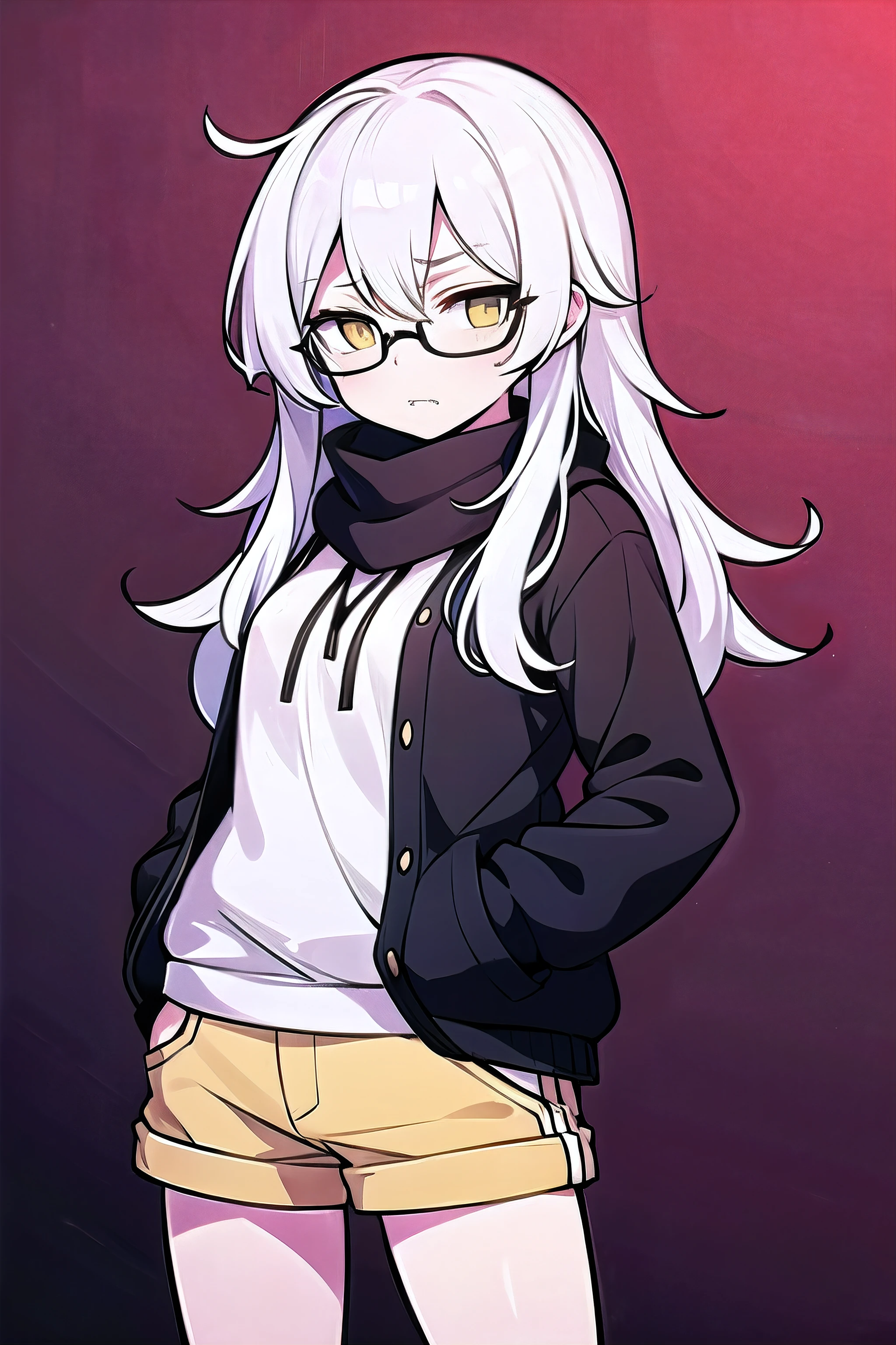 young woman with long white hair, Dark glasses and a black sweater with yellow triangles in the middle of her eyes.. Wear white shorts.. His hands are in his pockets.. A disgusted expression wearing a black scarf