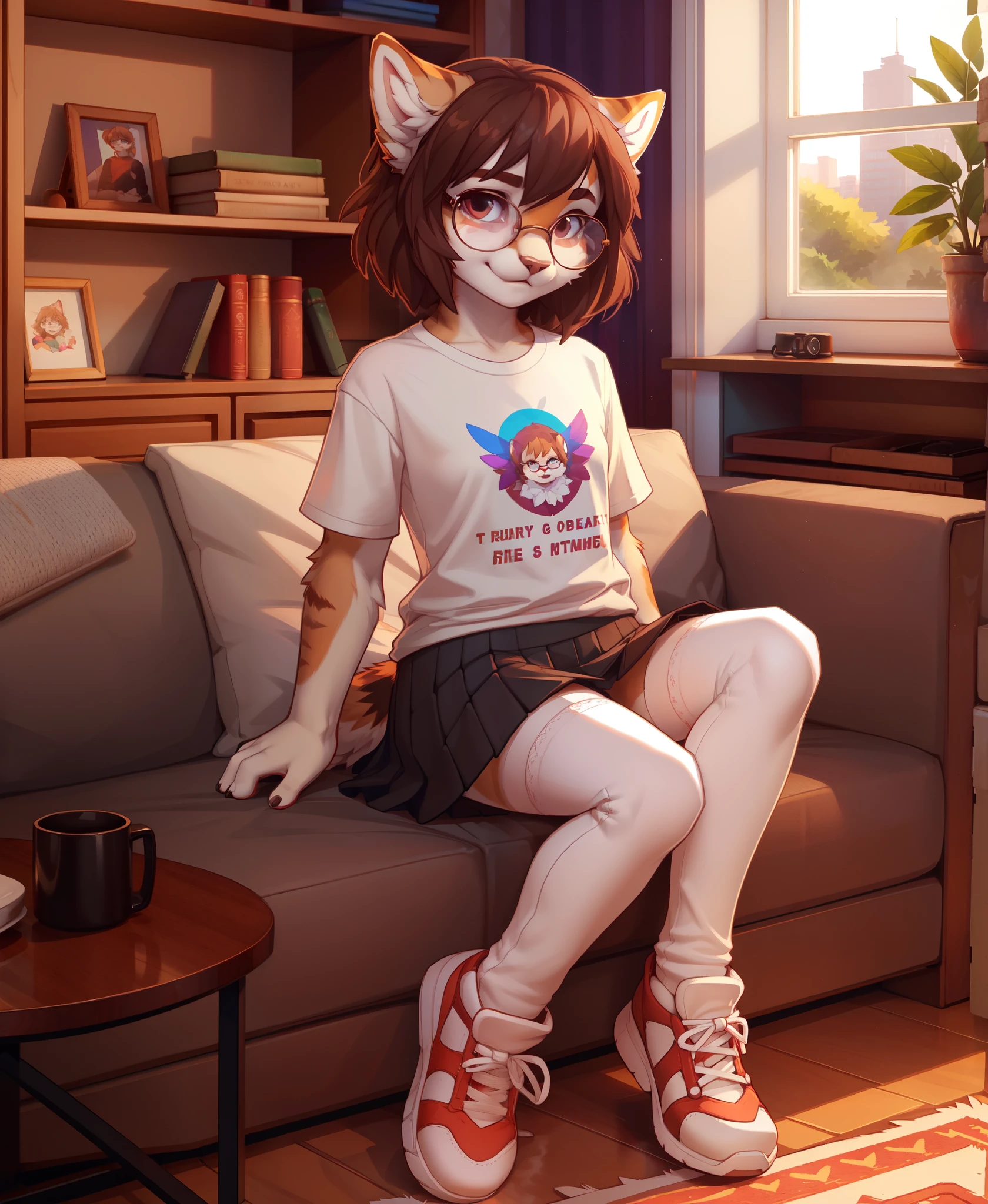 by snowskau,by sicmop:0.4,
anthro,feline,female,solo,
short brown hair,messy hair,tail:1.3,
medium breasts,
cute,
black skirt,colorful t-shirt,white stockings,comfy shoes,glasses,
sitting,playful pose,
detailed background,intricate background,