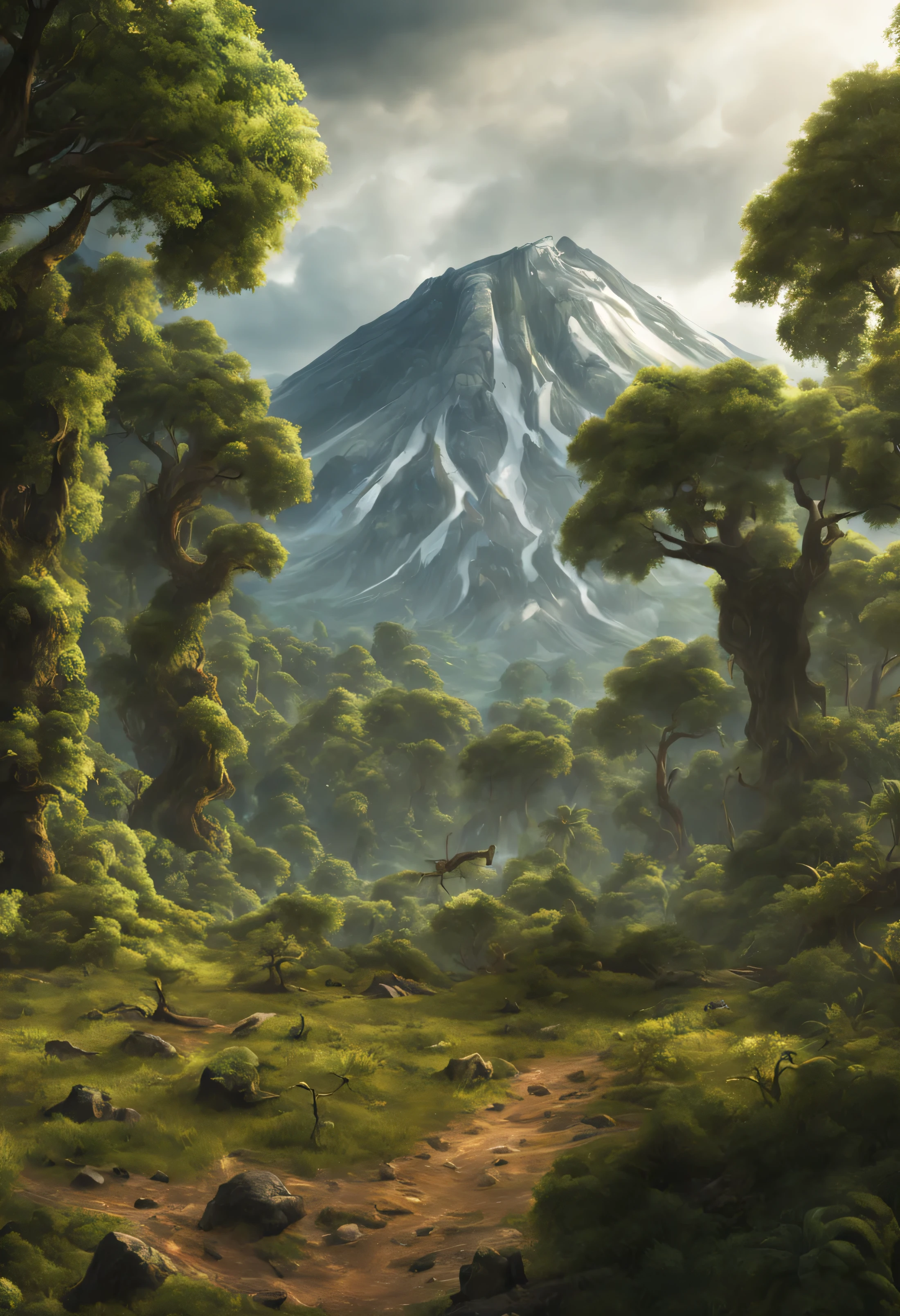 create a picture high definition pre historic forest with mountains and volcano, realistic, cinematic, ultra high definition