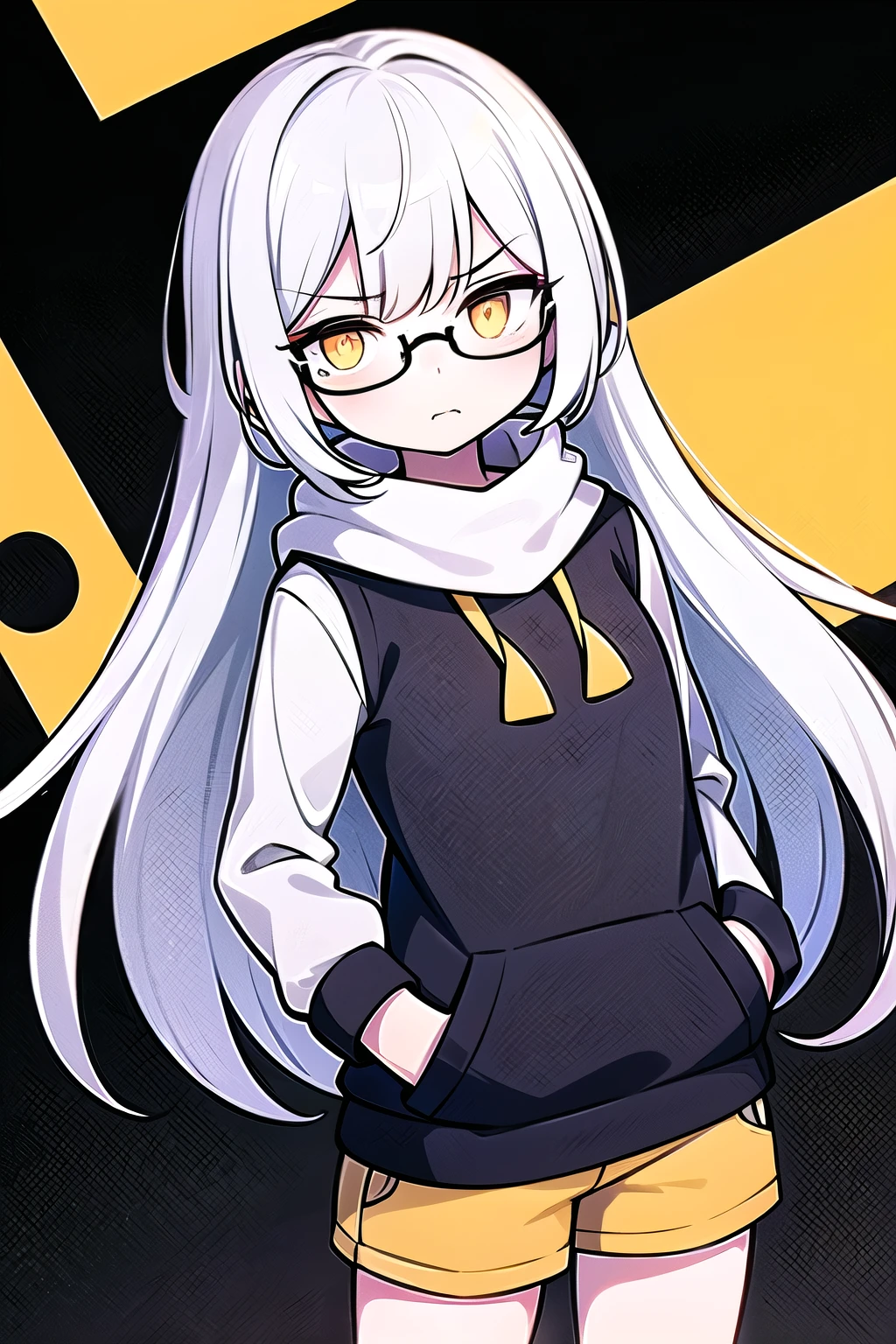 A young woman with long white hair, dark glasses and a black sweater with yellow triangles in the middle of her eyes. Wear white shorts. His hands are in his pockets. A disgusted expression wearing a black scarf