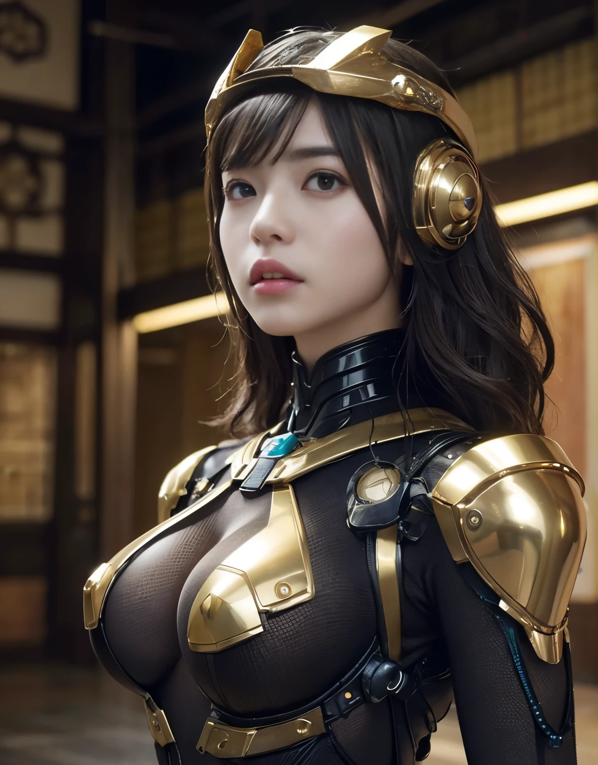 (Background of skimpy mechanical girl and octopus alien)、(Mystical expression)、highest quality、masterpiece、Super high resolution、(Photoreal:1.4)、RAW photo、1 girl、glowing skin、detailed face、(((1 Mechanical Girl)))、Heavy chest、(gold metal bodysuit)、(Natural alien background to fight aliens)、(Small LED)、((Super realistic details))、vertical giant monster background),global illumination、Shadow、octane rendering、24K、super sharp、robotの背景、big breasts、Raw skin exposed in the cleavage、intricate decorative details、Japan details、very intricate details、realistic light、(Mystical expression),CG Society Trenlow Eyes、Eyes shining towards the camera、Mechanical marginal blood vessels connected to neon detail tubes)、(Wires and cables connecting to the head)、Small LED、,mechanical thighs、two stock、(Hands are also made of machines)、robot、future alien、Please wear a mechanical helmet、transparent face guard on helmet,