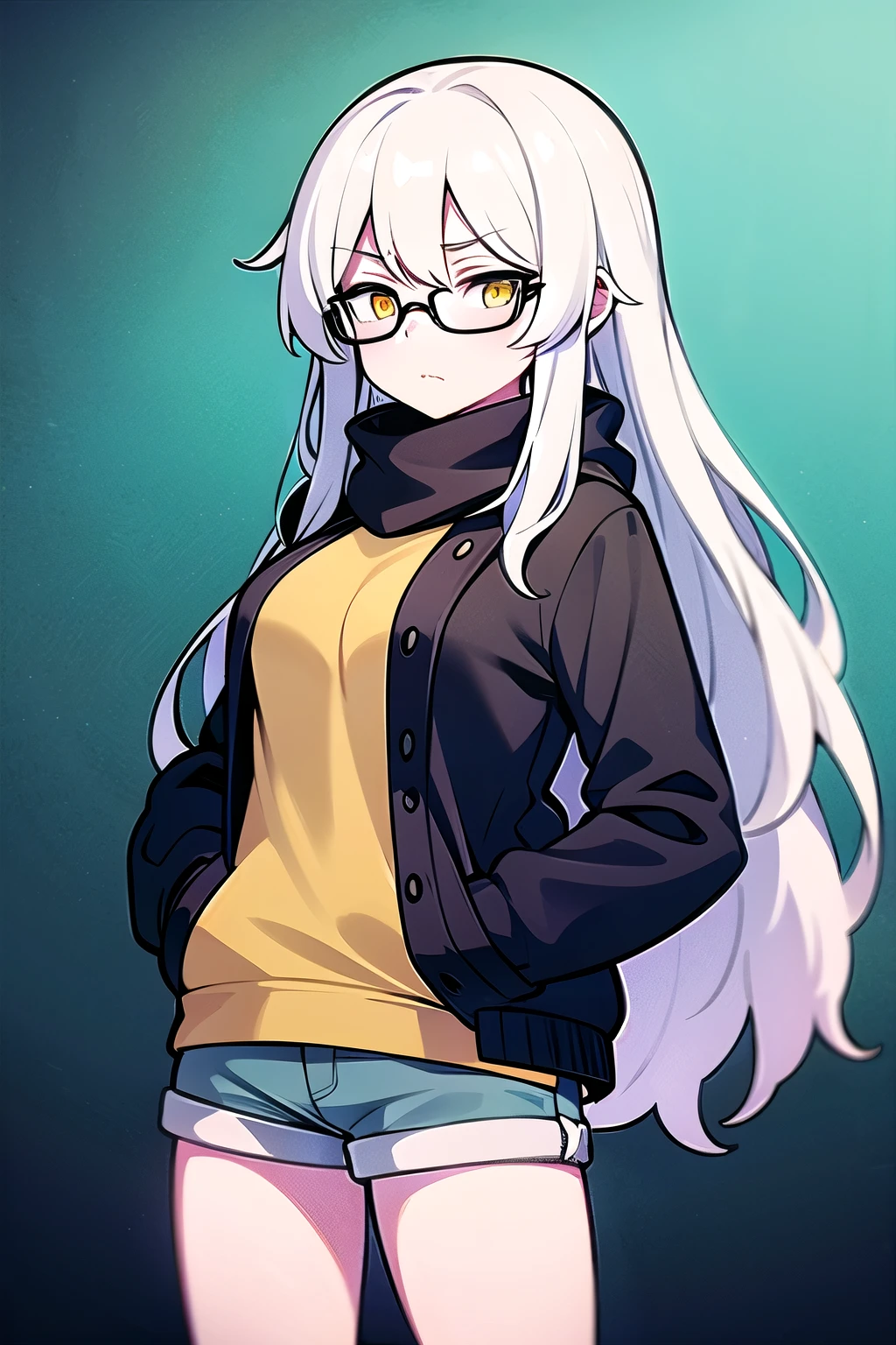 A young woman with long white hair, dark glasses and a black sweater with yellow triangles in the middle of her eyes. Wear white shorts. His hands are in his pockets. A disgusted expression wearing a black scarf