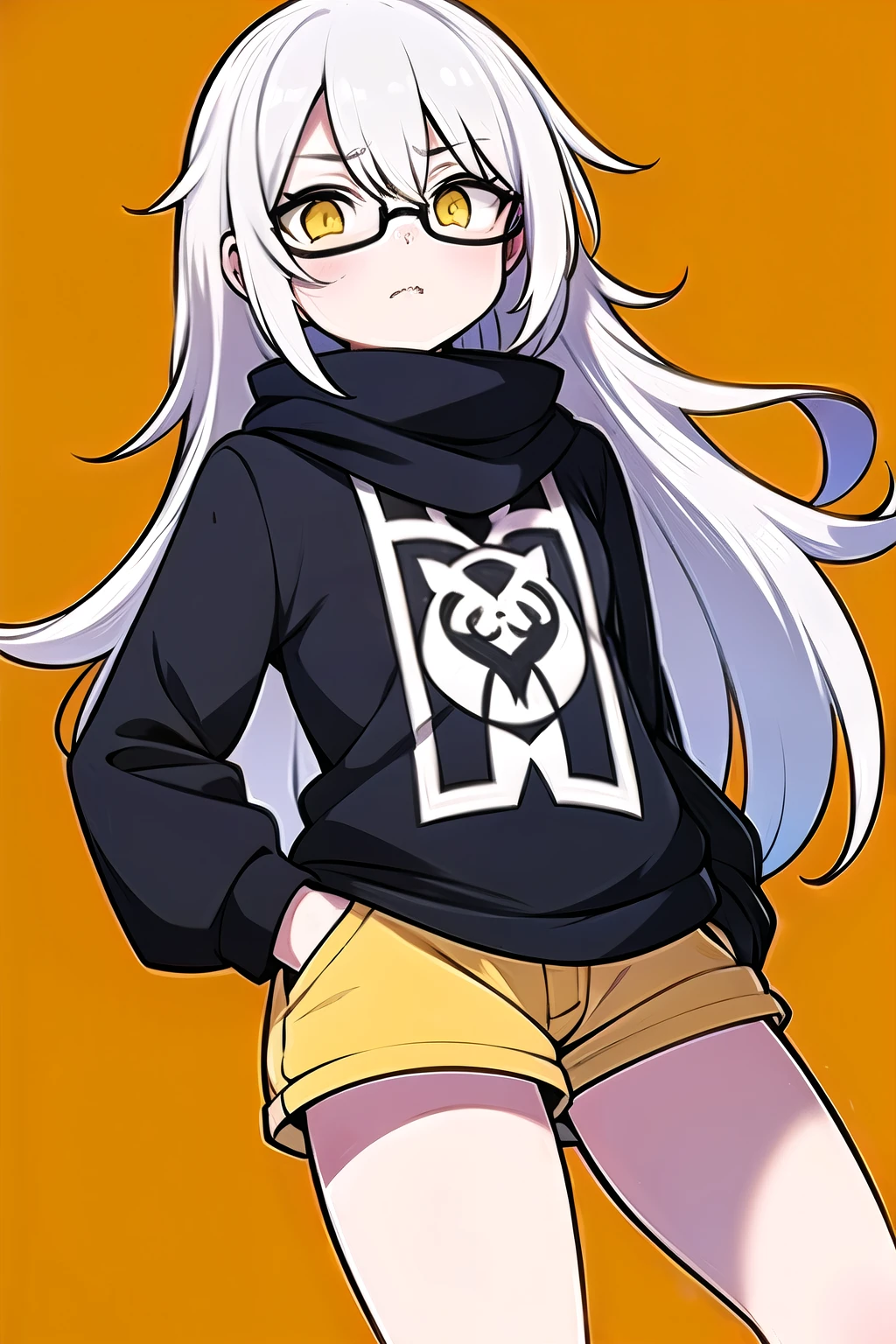 A young woman with long white hair, dark glasses and a black sweater with yellow triangles in the middle of her eyes. Wear white shorts. His hands are in his pockets. A disgusted expression wearing a black scarf