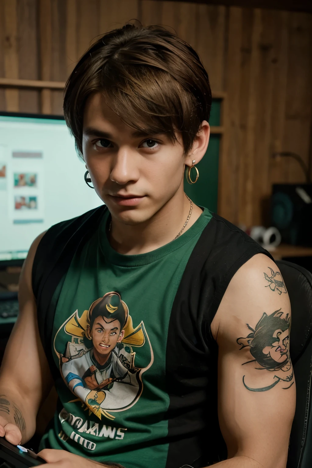 Create art in the style of Disney Pixar covers where the boy plays using a green headset in a gamer setup. The boy's characteristics are that he appears to be 20 years old, white, has brown eyes, wears diamond stone earrings, has brown hair but blonde at the ends, with bangs wrapped around his forehead and has an oriental vinks tattoo that occupies his entire forearm and the dragon head on his hand with the shirt reading Art on Corel