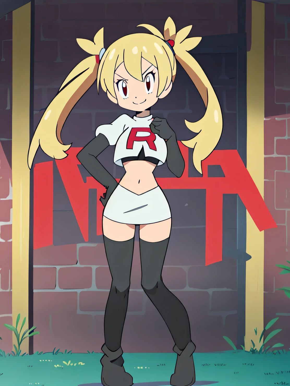 1girl in, (Solo:1.2), (Perfect body:1.1), (Best Quality:1.1), Cute Girl, Tsundere:1.1, (student clothes:1.4), (tiered layers skirt:1.2), very large breast, a blond, Long twintails, Black Ribbon Hair Fastening, Tsuriformes, sharp eye, Sanpaku eyes, (Seductive smile:1.5), Noble atmosphere, Fine-grained skin, (Choker with a heart gem:1.1), View of the valley, Navel Ejection, Raw feet, a belt on the thighhigh, Bright red eyes, Shining eyes, (NSFW:0.8), 8K, a belt on the thighhigh, Skinny Legs, School grounds with grass, full body seen, (Looking down here:1.2), (Loose socks:1.3), I don't have anything in my hands, No one around,,masterpiece, best quality, highres,team rocket uniform, red letter r, white skirt, white crop top, black thigh-high boots, black elbow gloves, glaring angrily, looking at viewer, hands on hips, full body seen, zettai ryouiki
