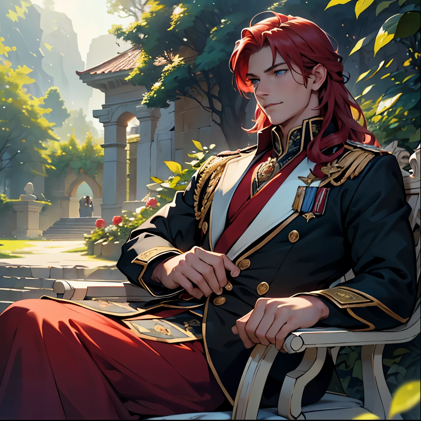 (realistic:1.37,best quality,4k,8k,highres,masterpiece:1.2),ultra-detailed,jovem,masculine,pale skin,red hair,blue eyes,medieval prince outfit,straight hair,romantic setting,castle in the background,soft sunlight,lush green gardens,delicate rose petals,faint scent of roses,chivalrous gaze,confident smile,exquisite embroidery on the outfit,royal insignia,prince seated on a stone bench,looking into the distance,calm expression,enchanted atmosphere,subtle breeze rustling the leaves,majestic architecture,noble,ernest,graceful gesture,commanding presence,mysterious aura,sophisticated demeanor,vibrant colors,ethereal glow.