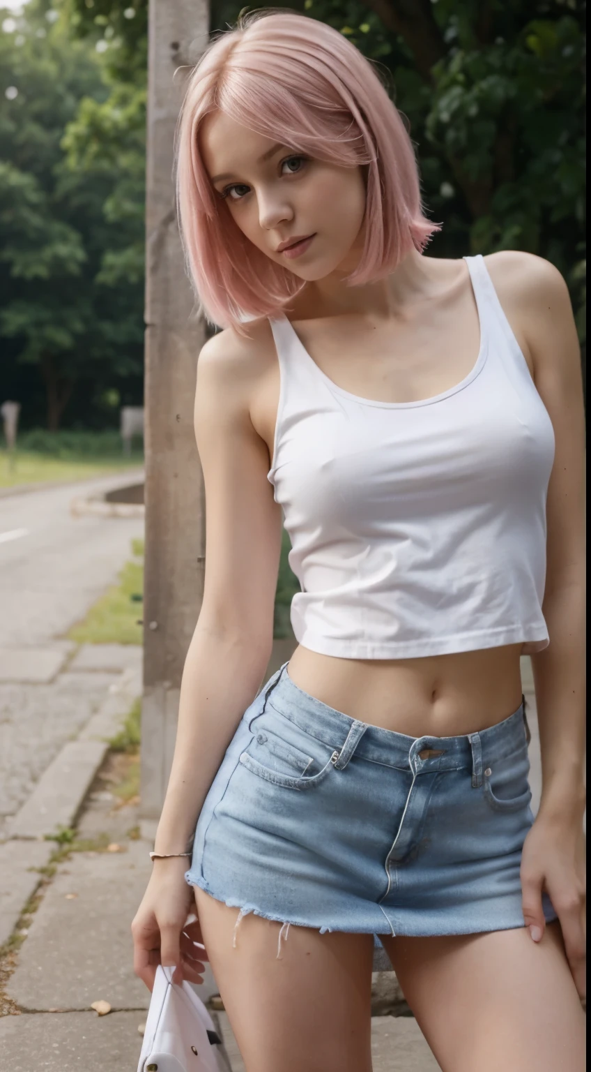 cute girl. beauty female. shy pose. sexy body shape. white tank top. mini skirt jeans. on her daily life outdoor activity. long straight short pink  hair .very beautifull 25 years old girl. long legs.