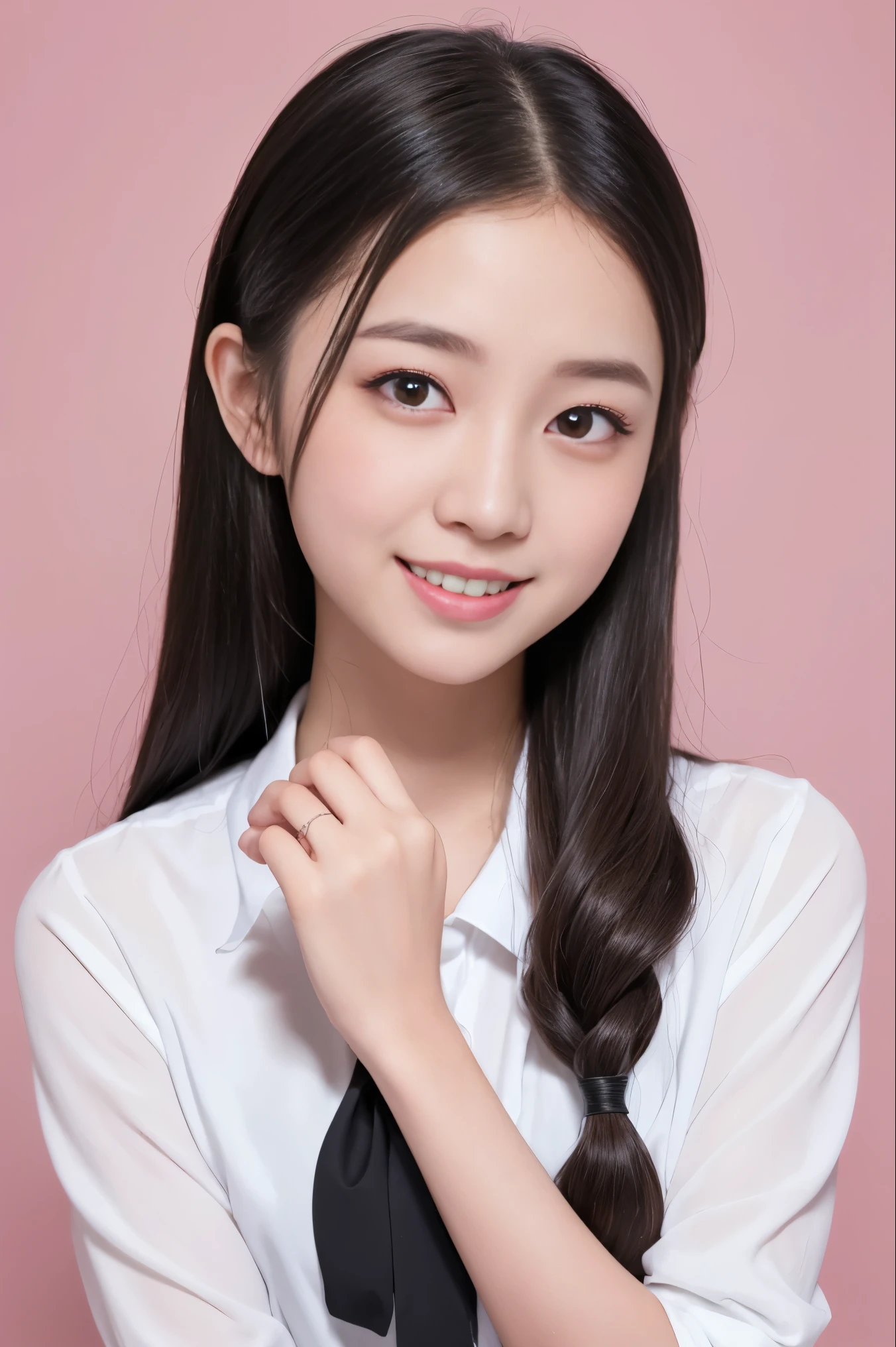 Bright pink background、highest quality、ultra high resolution、Beautiful woman、cute、alone、japanese woman。full body shot、15 year old student、high school girl、laughter。Beautiful young woman model。bright look、photorealism、extraordinary beautiful girl、beautiful face、(face to face with the children)、shining white skin、Light brown straight semi-long hair、thin hair、Attractive beautiful brown eyes、double eyelid、、fashionable girl。wearing a white shirt。school uniform skirt、full body portrait。Healthy face。Skin Care Cosmetics、professional lighting。