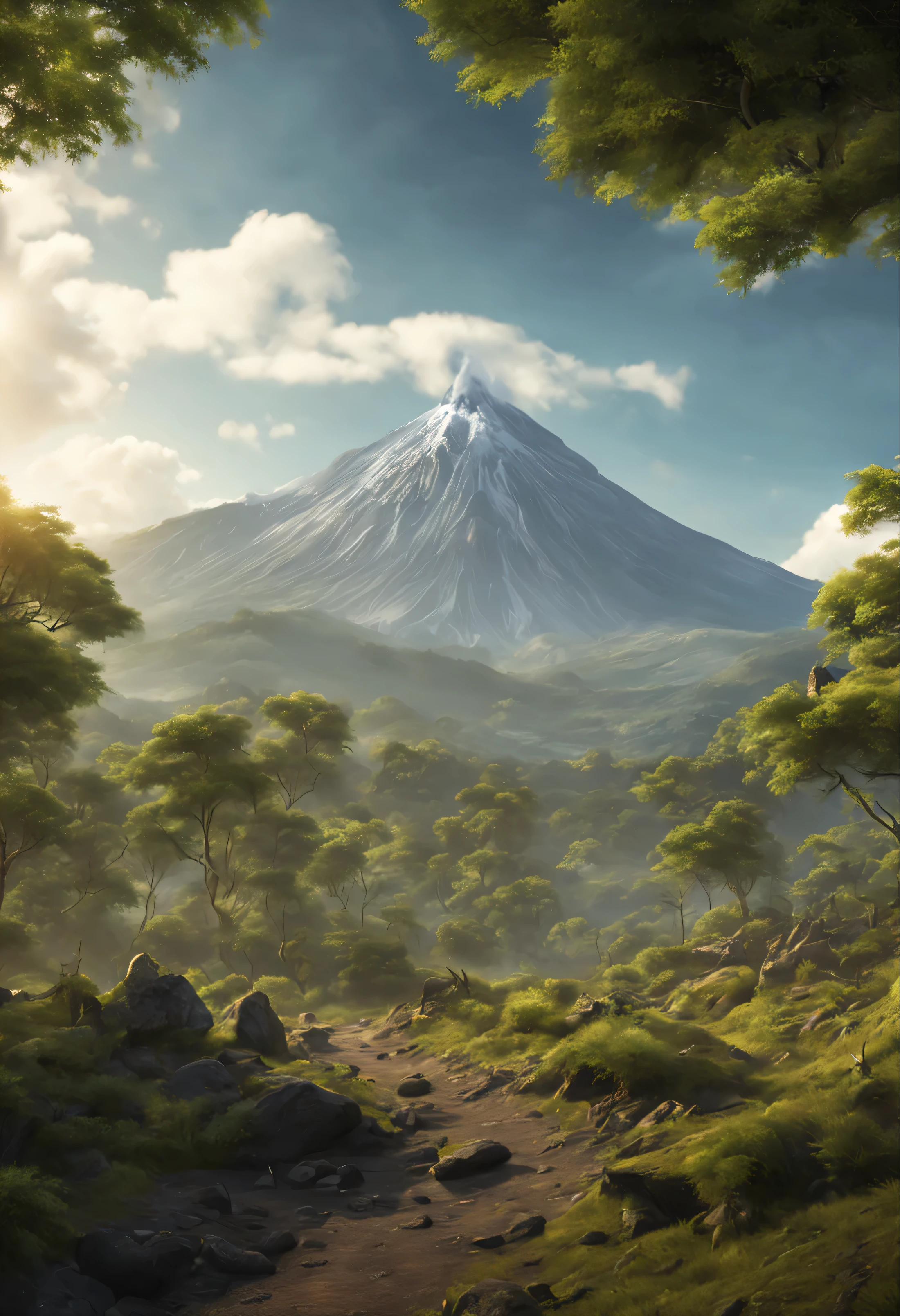create a picture high definition pre historic forest with mountains and volcano, realistic, cinematic, ultra high definition
