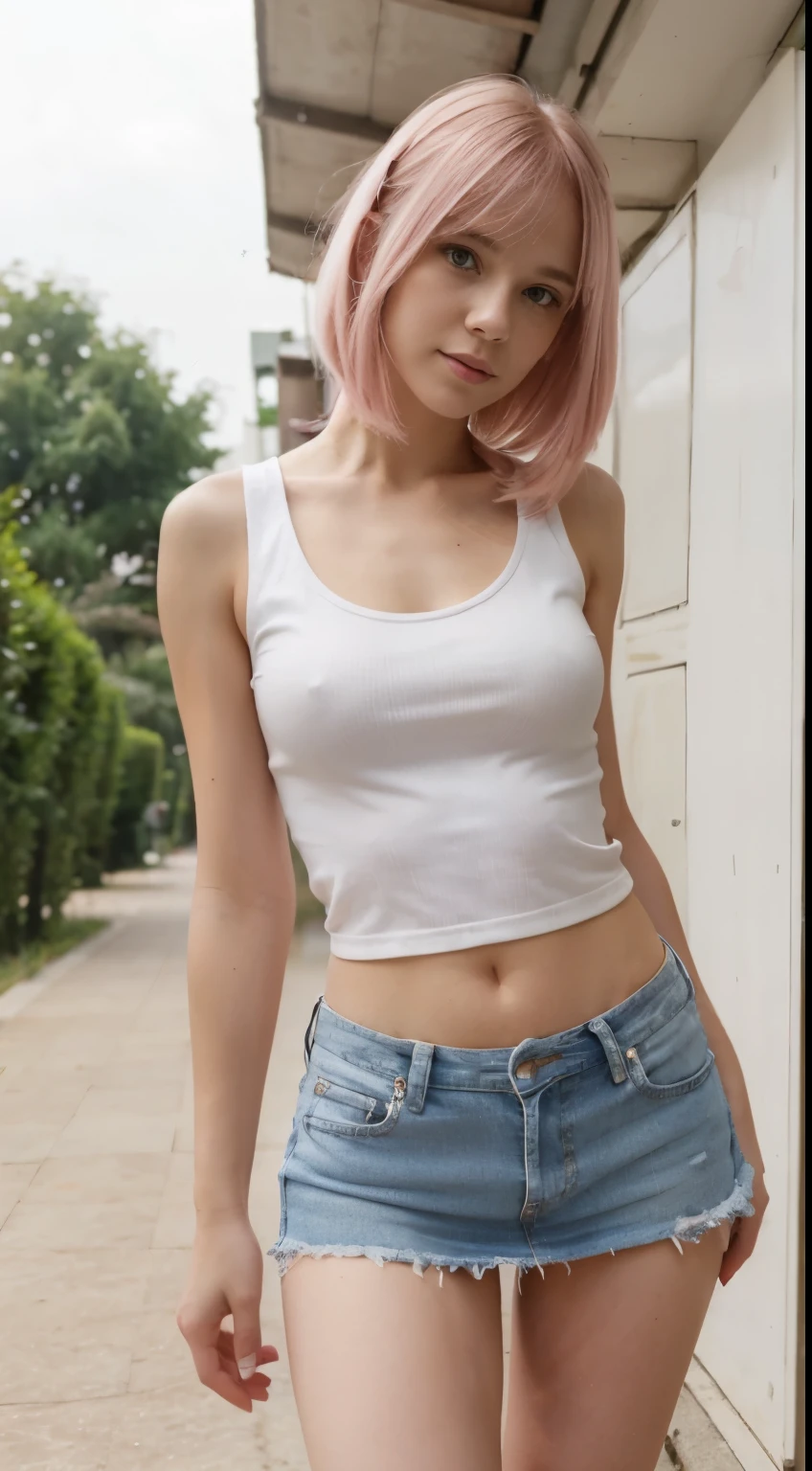 cute girl. beauty female. shy pose. sexy body shape. white tank top. mini skirt jeans. on her daily life outdoor activity. long straight short pink  hair .very beautifull 25 years old girl. long legs.