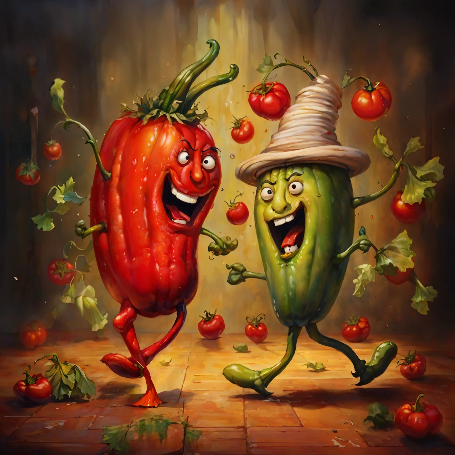 (peppers' legs), painting of two peppers and tomatoes running with hats on, ultra humorous oil painting, by Radi Nedelchev, funny illustration, by Kim Hwan-gi, by Jerzy Kossak, by Dechko Uzunov, by Patrick Brown, by Bencho Obreshkov, by Nikola Avramov, funny artwork