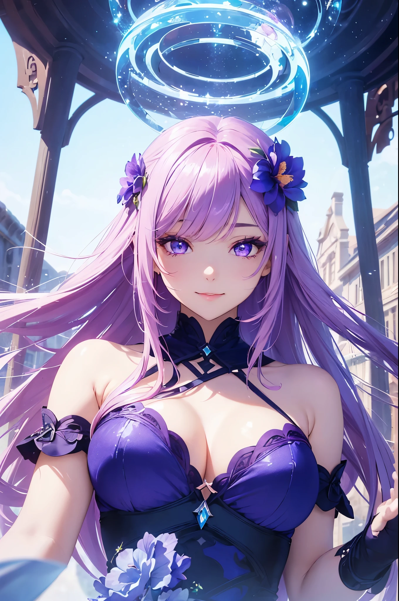 1girl(masterpiece, round_iris, extremely crisp crystalline shiny purple eyes, perfect_anatomy, extremely_captivating_hypnotic_mystic_eyes, ) perfect face, long pink hair, smiling evil, big breasts, blue dress, blue flower field, blue flowers, outside, blue color sheem, dynamic pose, best quality, 4k