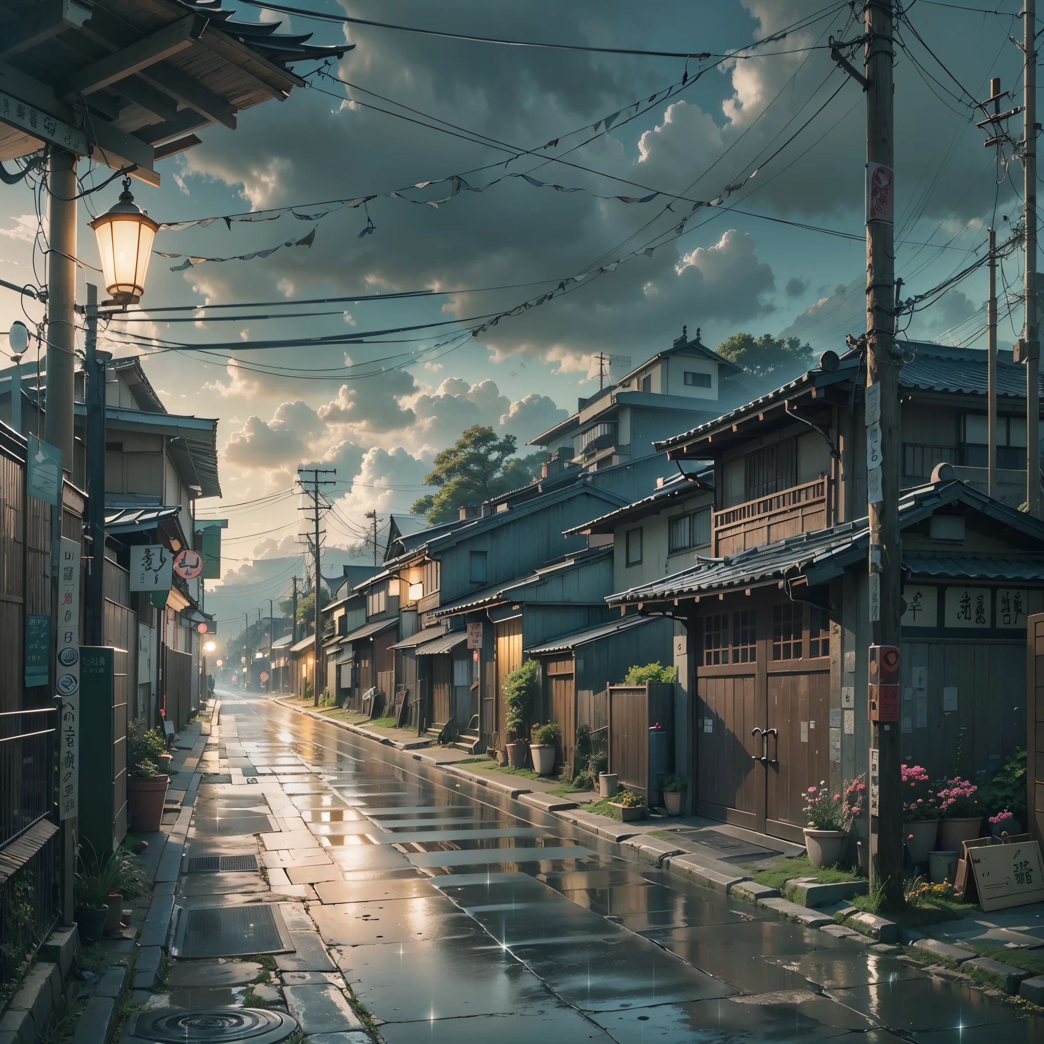 anime wallpaper, anime style, anime background, lofi, lofi vibe, Gray clouds hung low in the sky that day and the gentle rain slowly embraced the glistening pavement. It filled the air with a rhythmic percussion singing the melody of early spring, japan, japanese village, rural, city in the distance, raining, wet floor, gloomy, no one in sight, empty street, empty path, best quality, japanese lantern