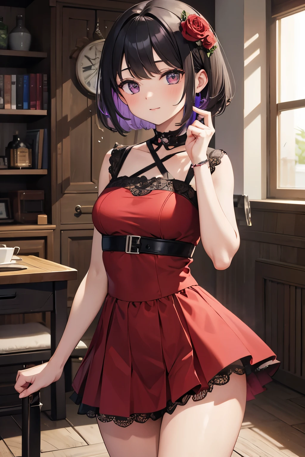 1 girl, short hair, black hair with purple highlights, red dress, holding a bouquet of black roses