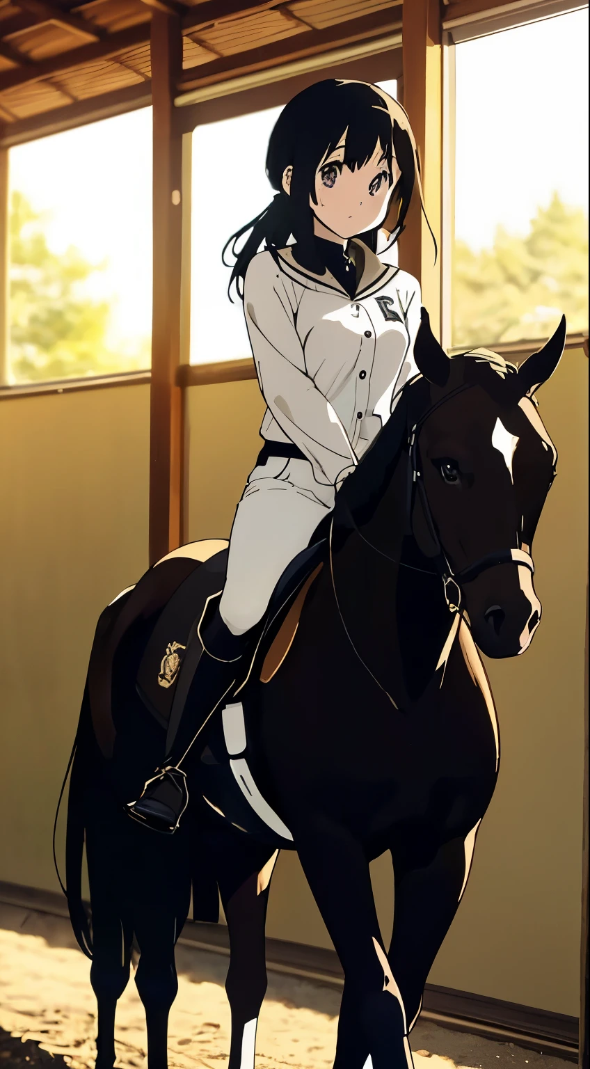   chitanda_eru ,masterpiece, highest quality, figure, very detailed, chitanda_teeth, beautiful and fine eyes, jockey uniform, riding clothes、Rubber Black Riding Boots,british riding clothes, white pants、Stepping on、full body portrait、馬teethいない。Inside the stable