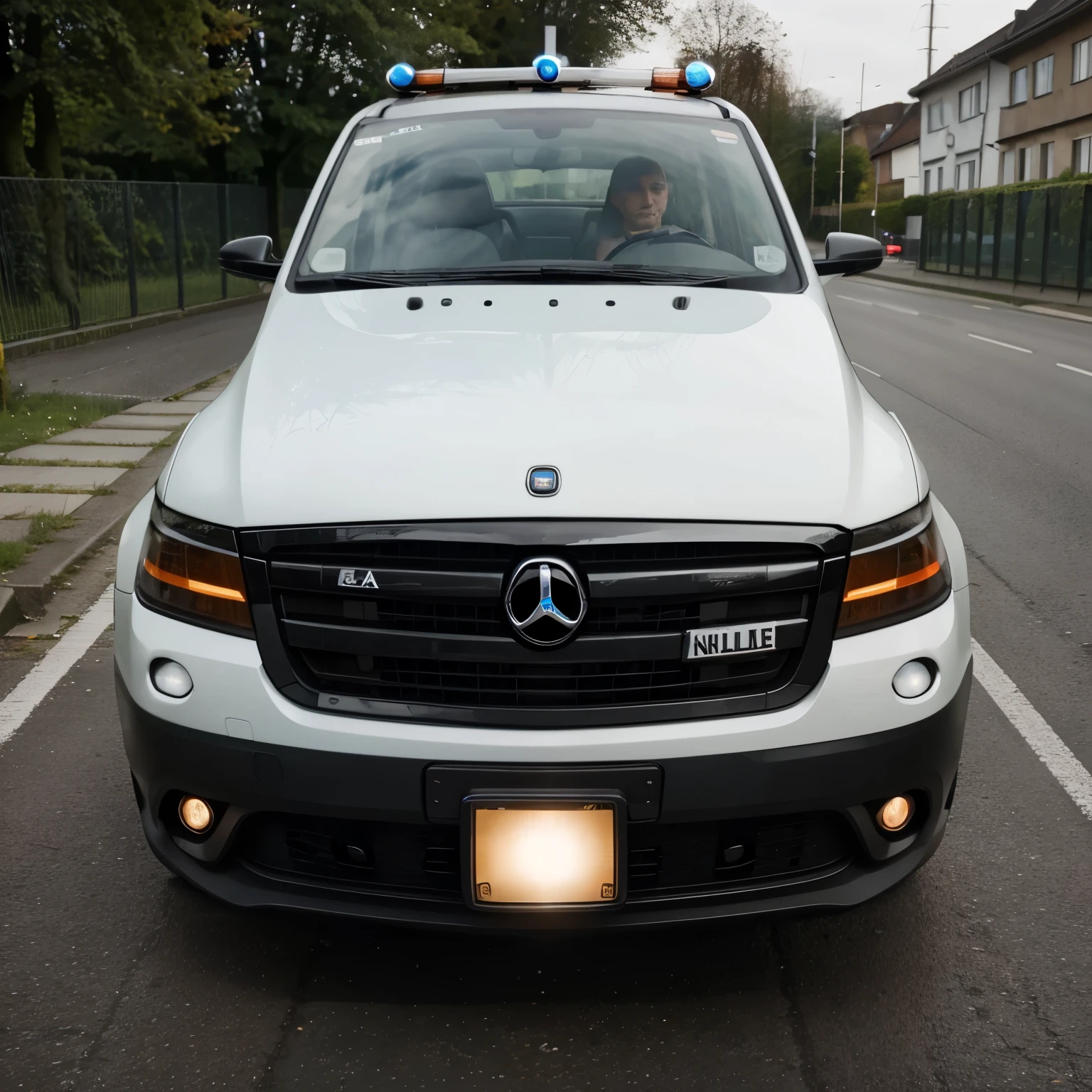 Erstelle mir einen Polizist vor seinem Polizei auto neben ihm steht ein verbrecher mit handschellen