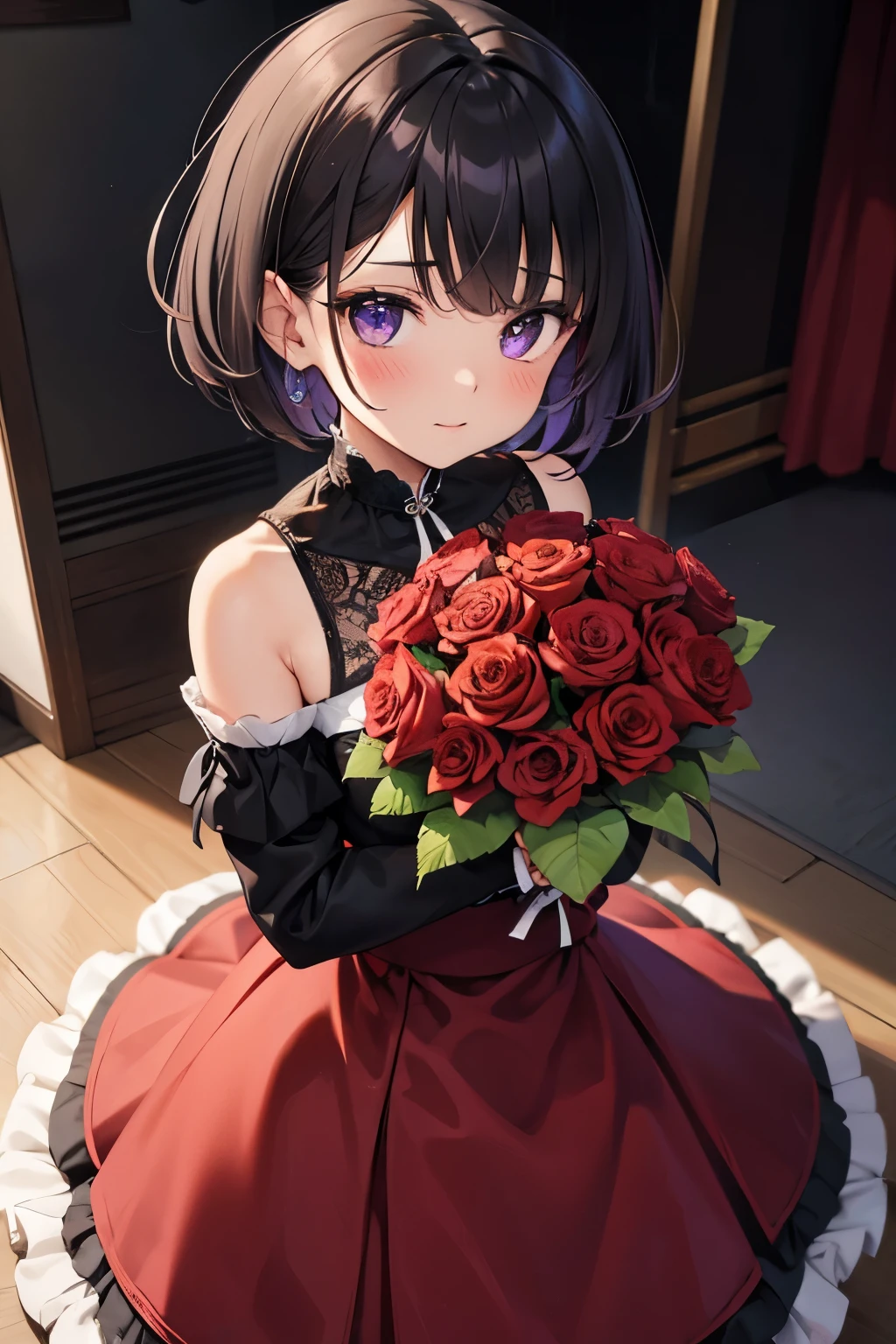 1 girl, short hair, black hair with purple highlights, red dress, holding a bouquet of black roses