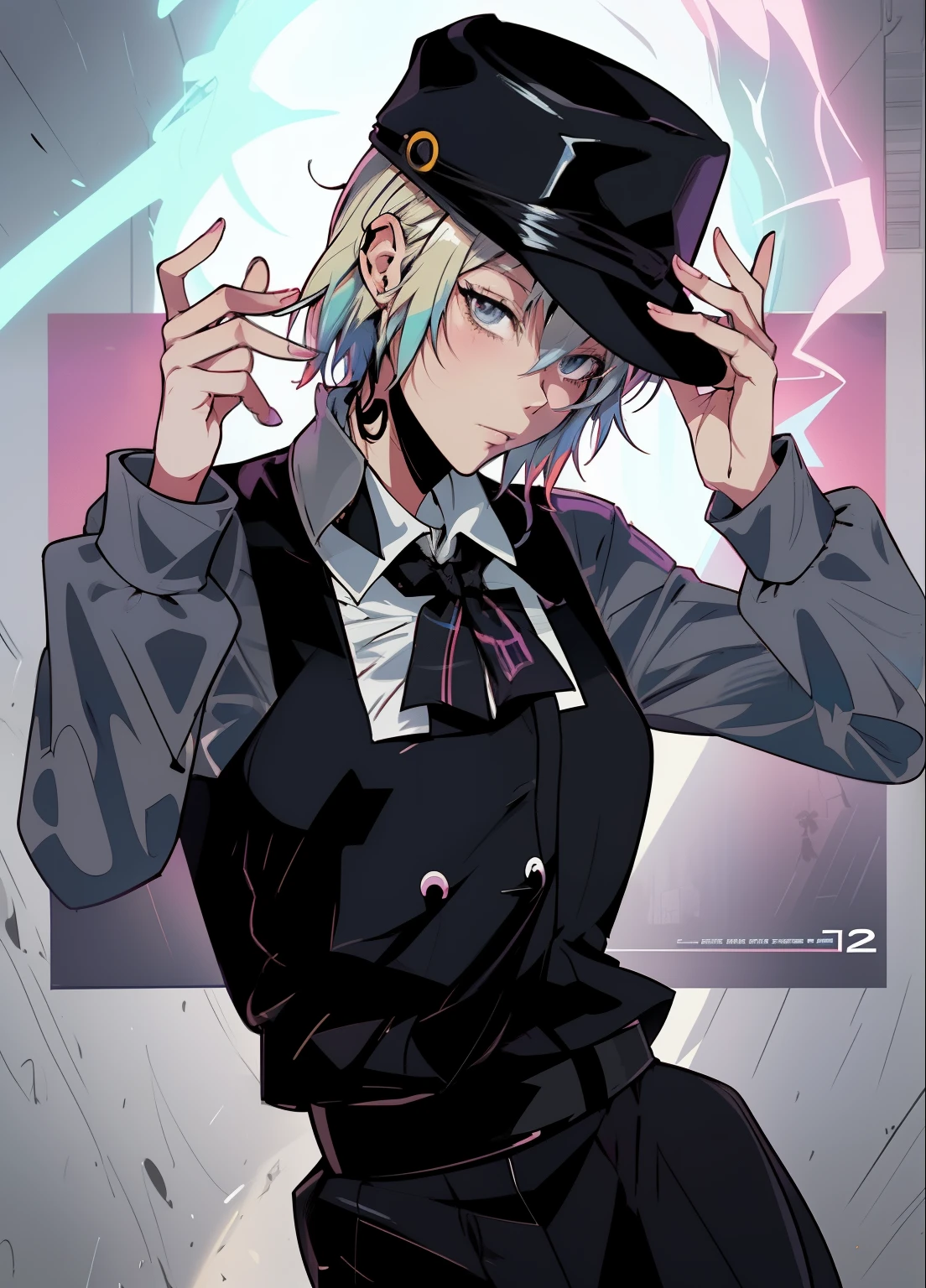 anime character with hat and tie holding up a cigarette, zerochan, zerochan art, colorful artwork!!, 2b, 2 b, with index finger, pixiv, anime style”, anime style illustration, colorful manga style, , pixiv style, at pixiv, anime style character, anime style only, (anime girl), in manga style, uniform
