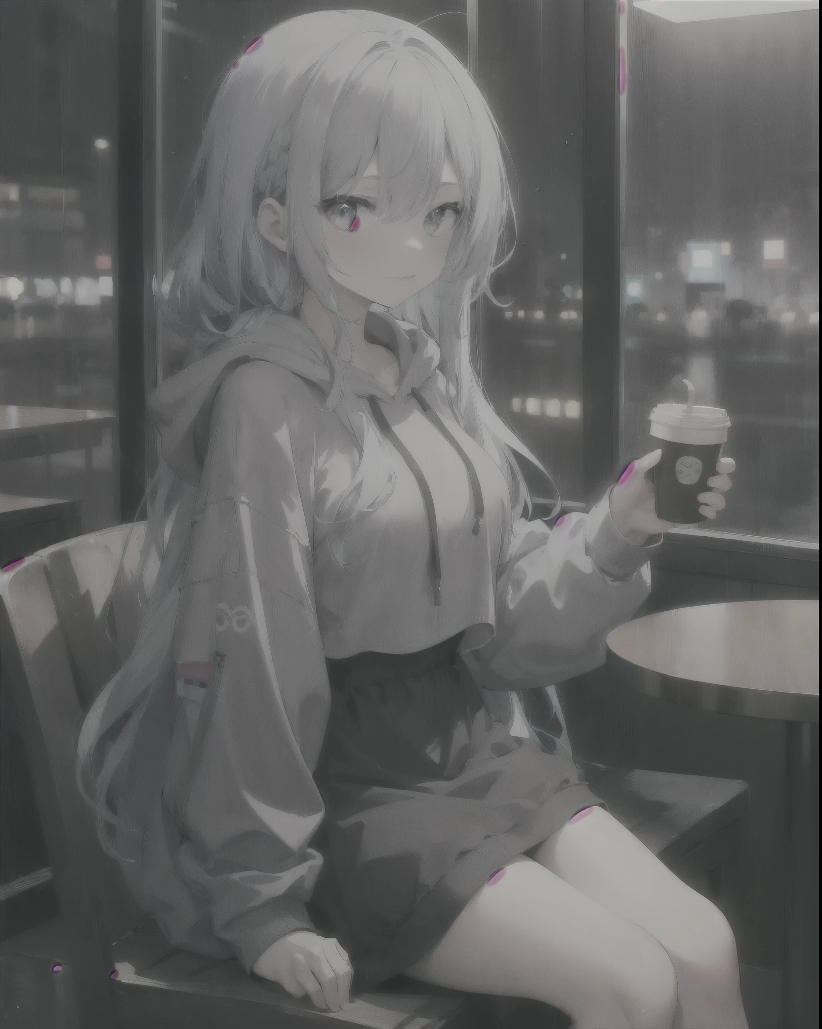 masterpiece, 1girl, solo, long hair, light blue hair, cropped hoodie over dark gray dress, light gray hoodie, medium size breast, raining night, restaurant, holding coffee cup, adult, sitting 