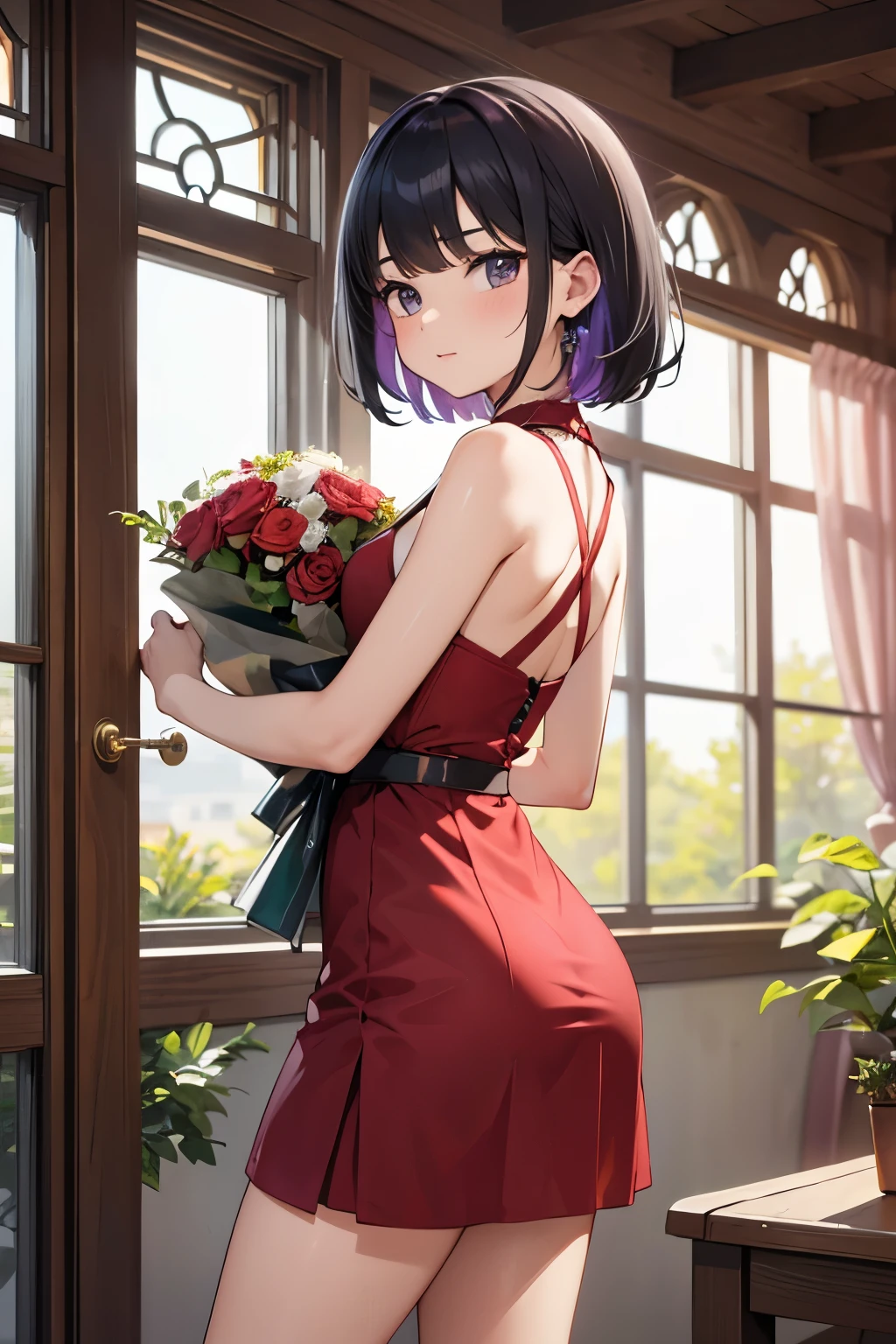 1 girl, short hair, black hair with purple highlights, red dress, holding a bouquet of black roses