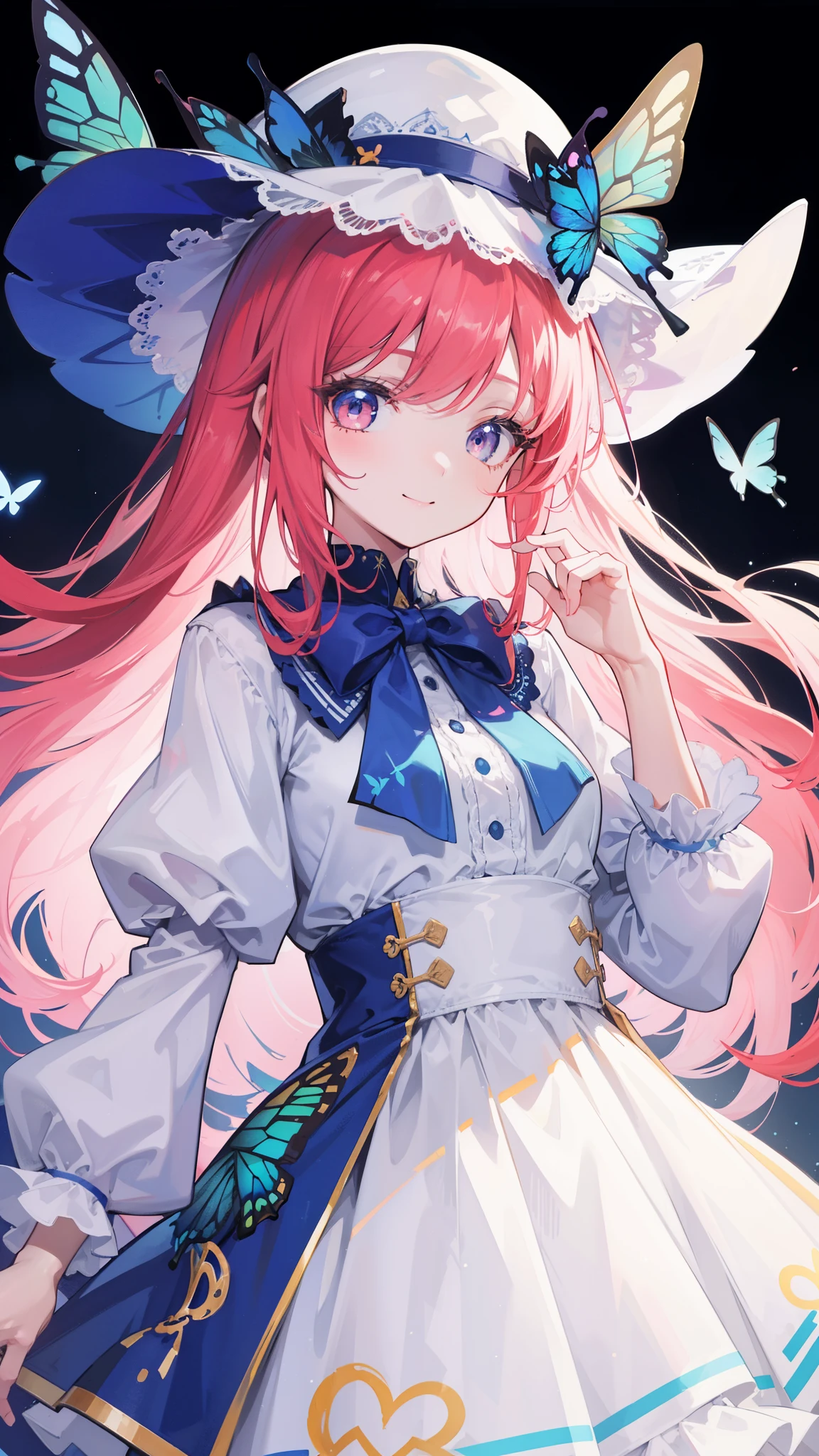 32k, best quality, ultra-detailed, high resolution, perfect anatomy, head on, cute girl, cute dress, cute hat, cute smile, colorful butterfly background,