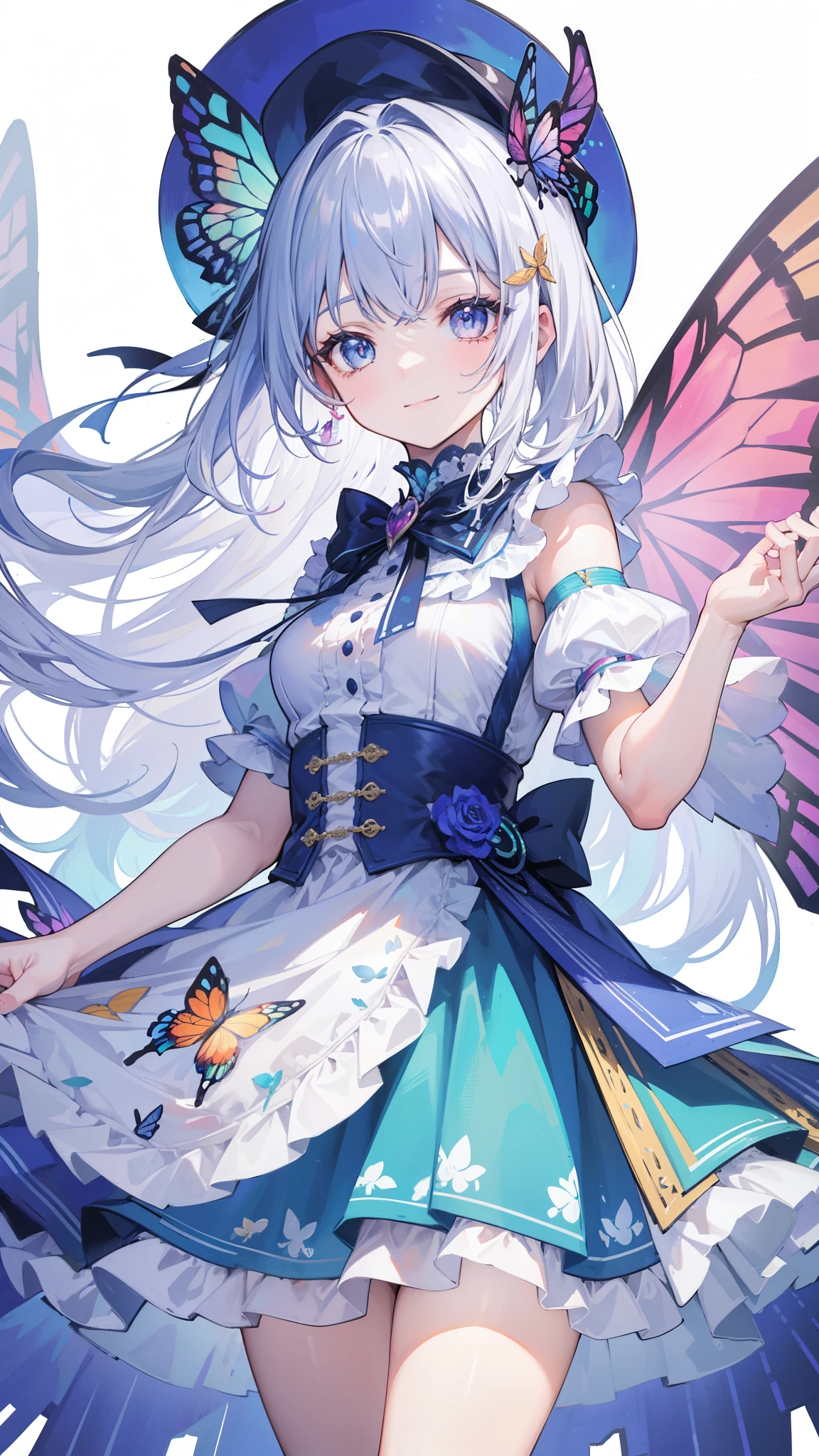 32k, best quality, ultra-detailed, high resolution, perfect anatomy, head on, cute girl, cute dress, cute hat, cute smile, colorful butterfly background, 