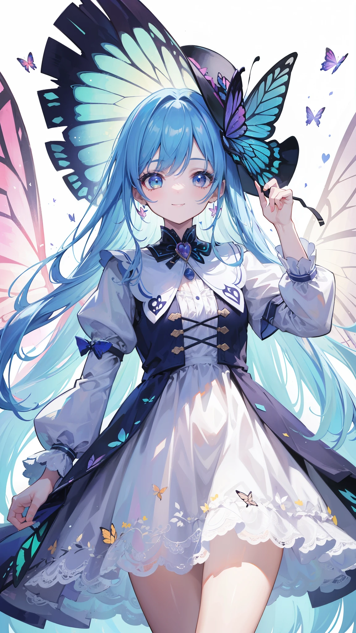 32k, best quality, ultra-detailed, high resolution, perfect anatomy, head on, cute girl, cute dress, cute hat, cute smile, colorful butterfly background,