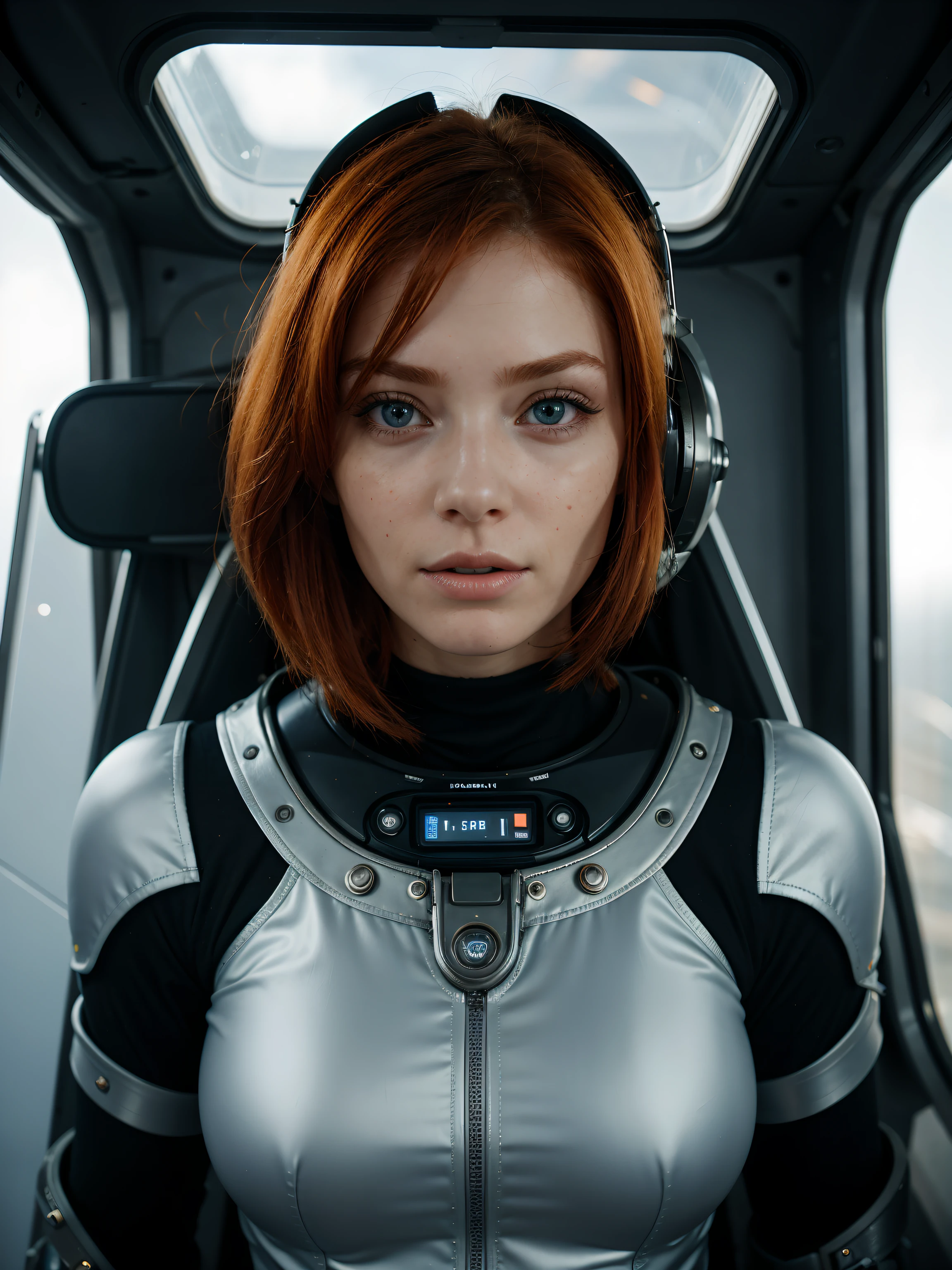 Photo of a red-haired woman, in space, Futuristic spacesuit, (freckles:0.8) cute face, Science fiction, Dystopian, Detailed eyes, Blue eyes