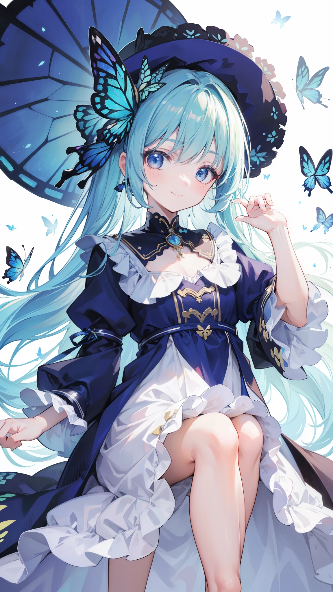 32k, best quality, ultra-detailed, high resolution, perfect anatomy, head on, cute girl, cute dress, cute hat, cute smile, butterfly background, 