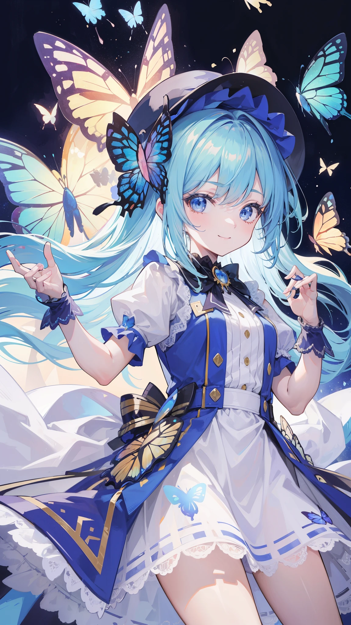 32k, best quality, ultra-detailed, high resolution, perfect anatomy, head on, cute girl, cute dress, cute hat, cute smile, butterfly background, 